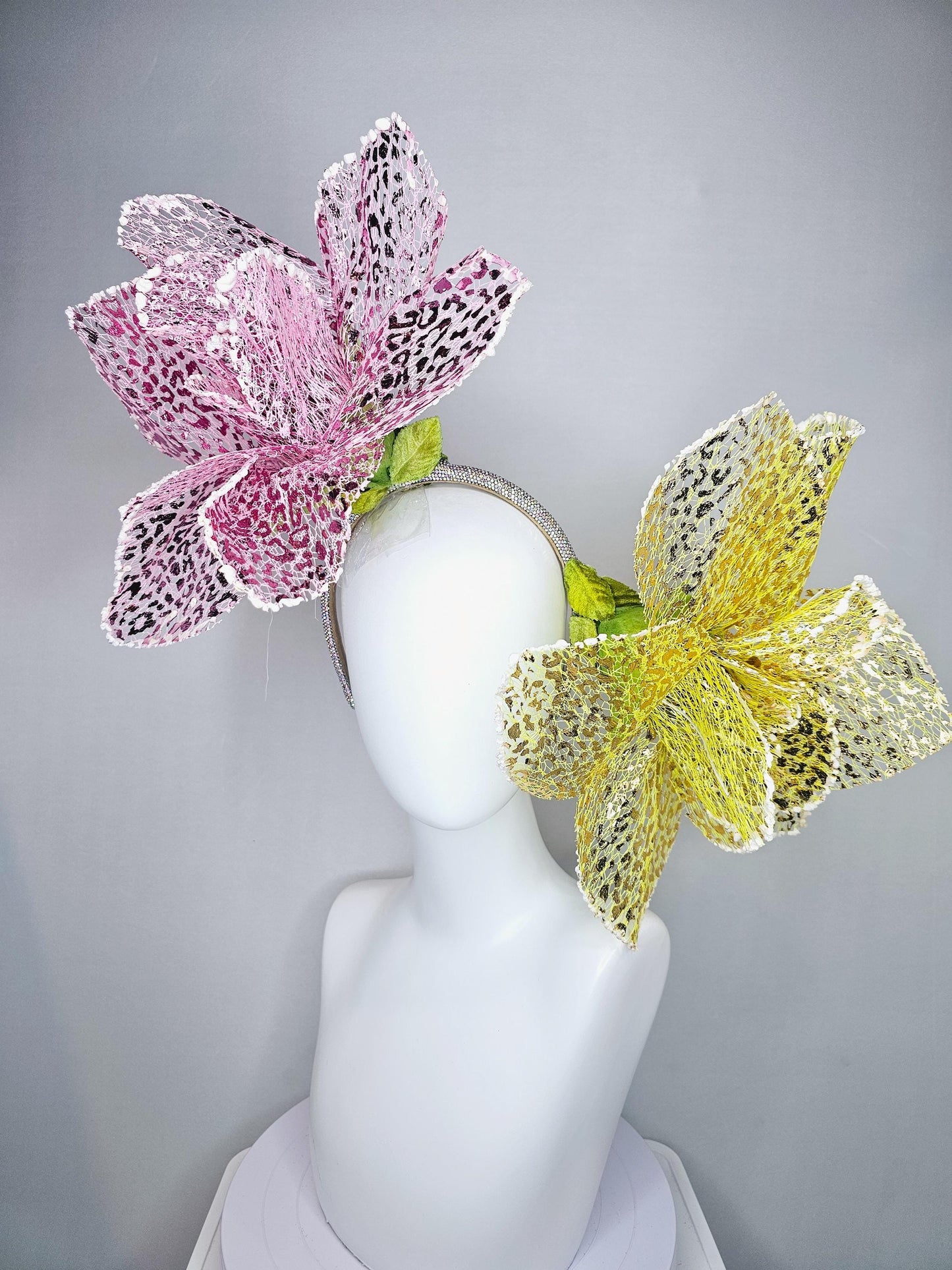 kentucky derby hat fascinator crystal headband with metallic lace large pink and yellow wire flowers
