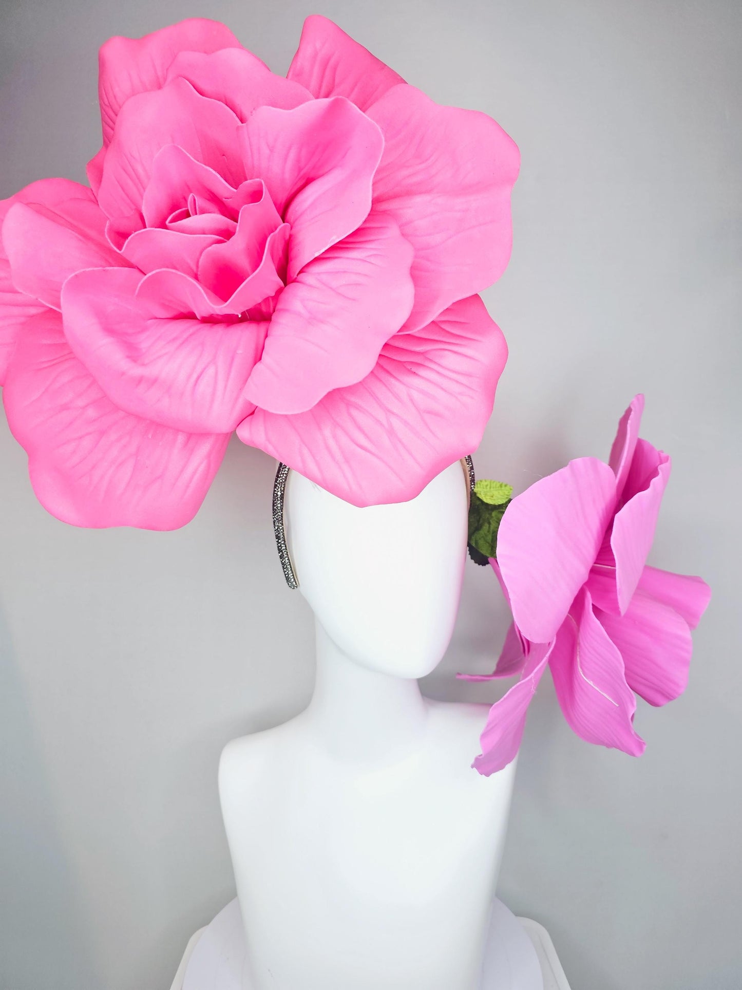 kentucky derby hat fascinator crystal headband with large bright pink and light pink flowers