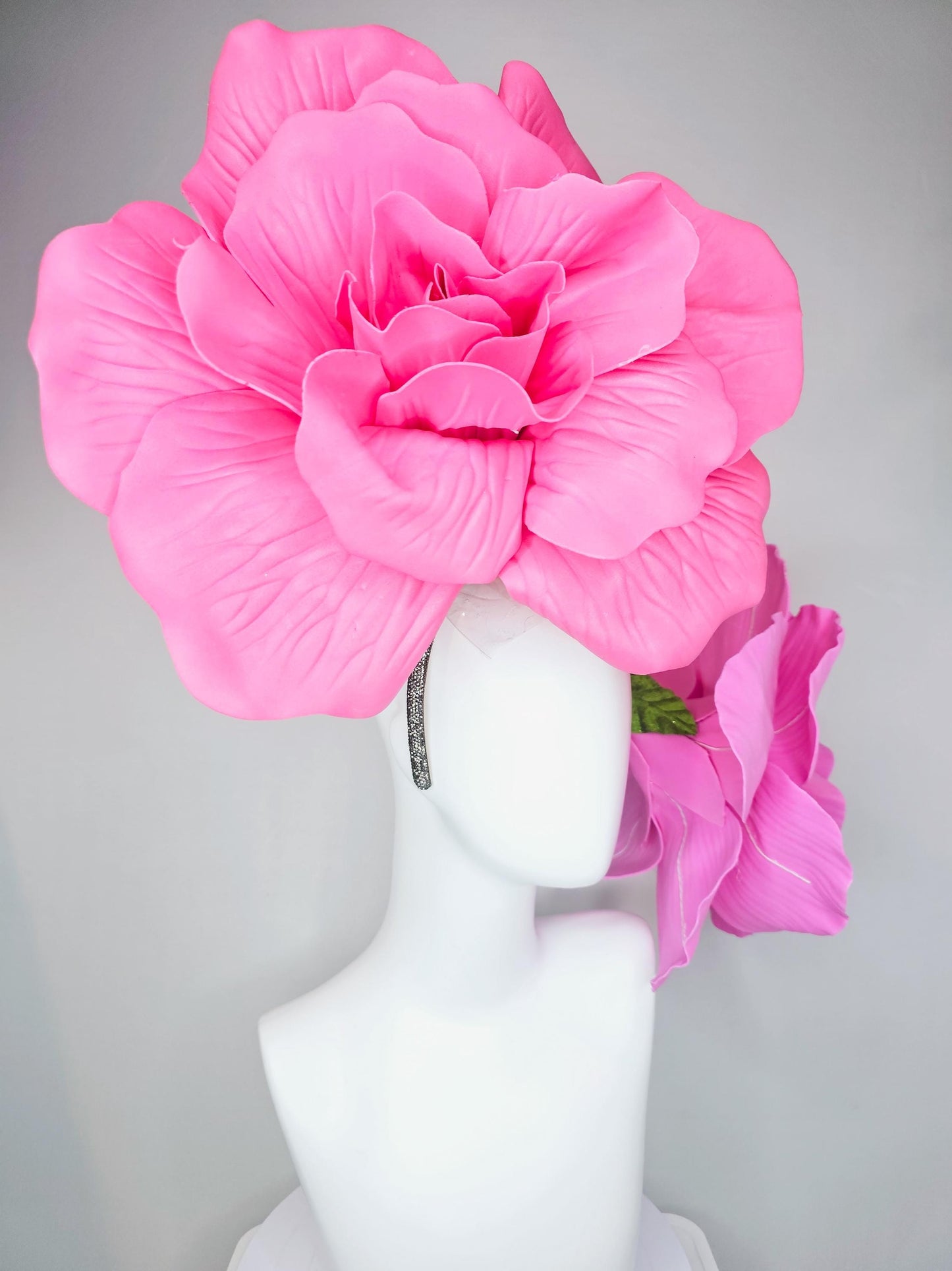 kentucky derby hat fascinator crystal headband with large bright pink and light pink flowers