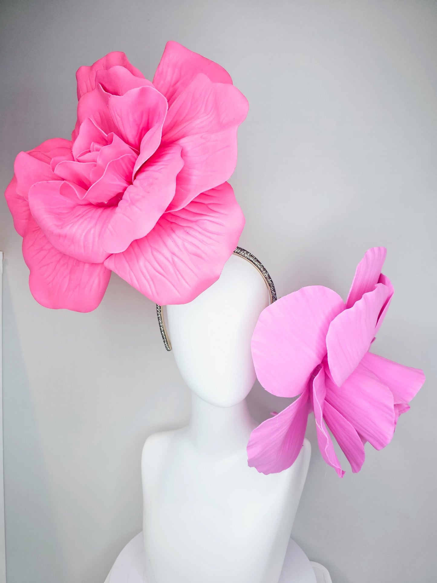 kentucky derby hat fascinator crystal headband with large bright pink and light pink flowers
