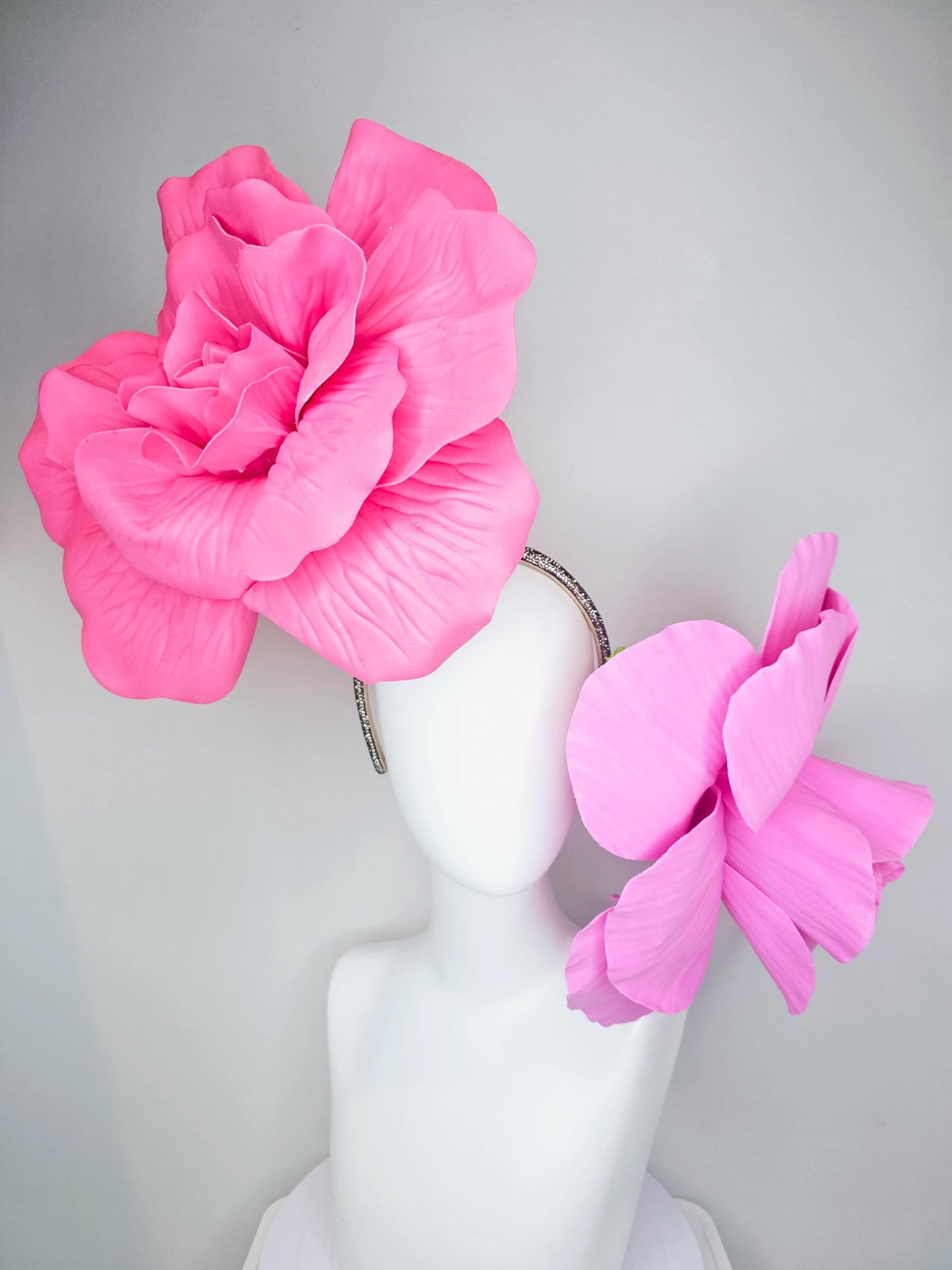 kentucky derby hat fascinator crystal headband with large bright pink and light pink flowers