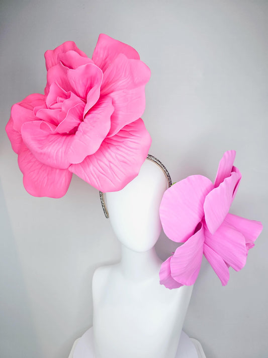 kentucky derby hat fascinator crystal headband with large bright pink and light pink flowers