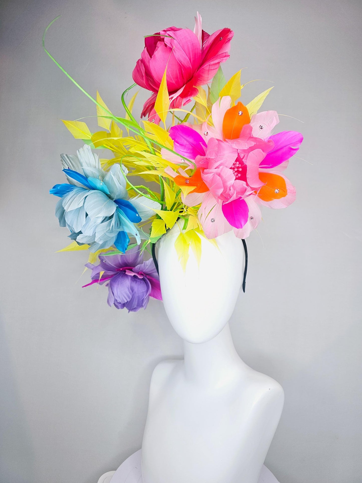kentucky derby hat fascinator rainbow huge feather flowers purple pink blue ombre with spiky yellow and bright green feathers