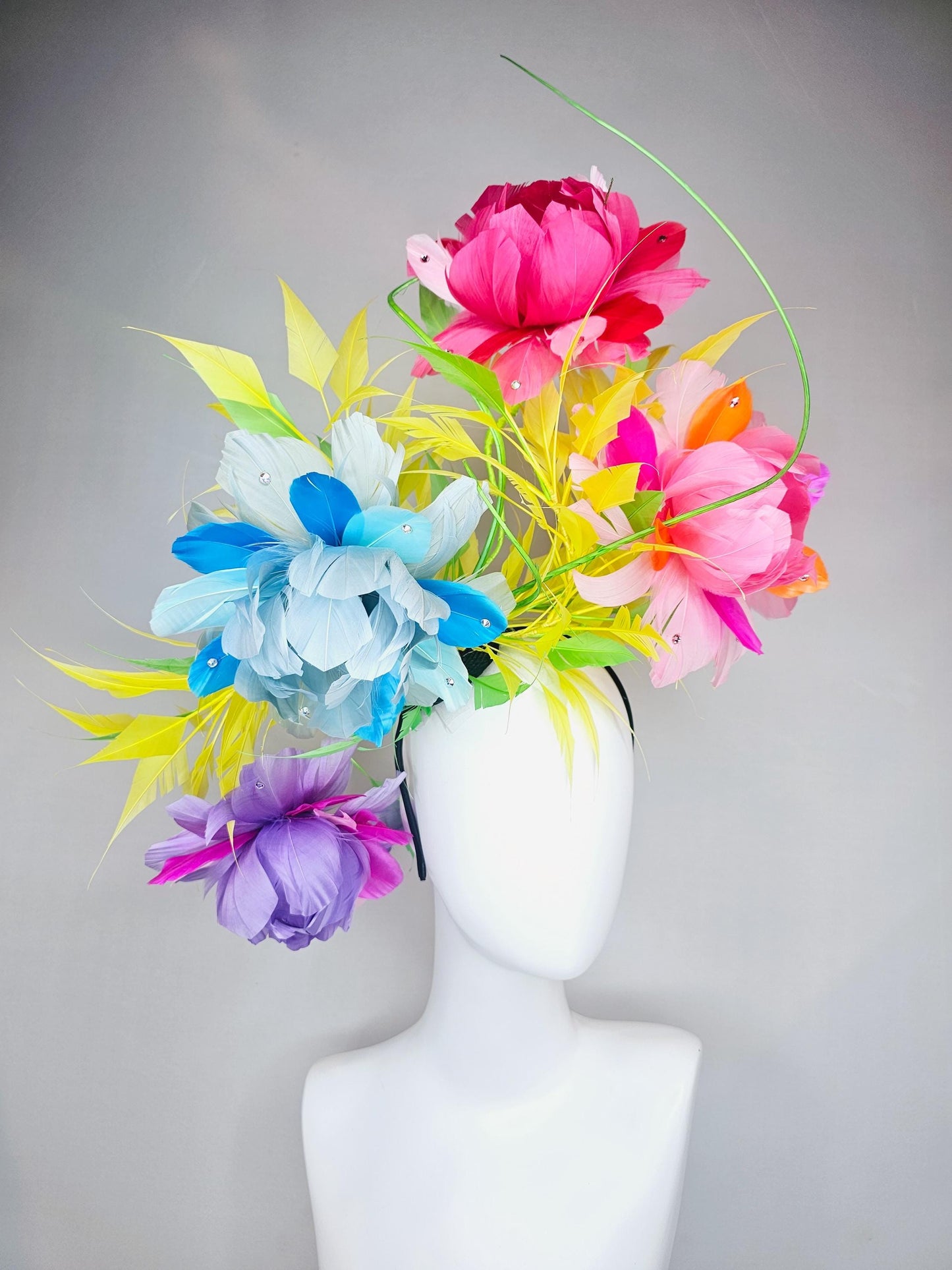 kentucky derby hat fascinator rainbow huge feather flowers purple pink blue ombre with spiky yellow and bright green feathers