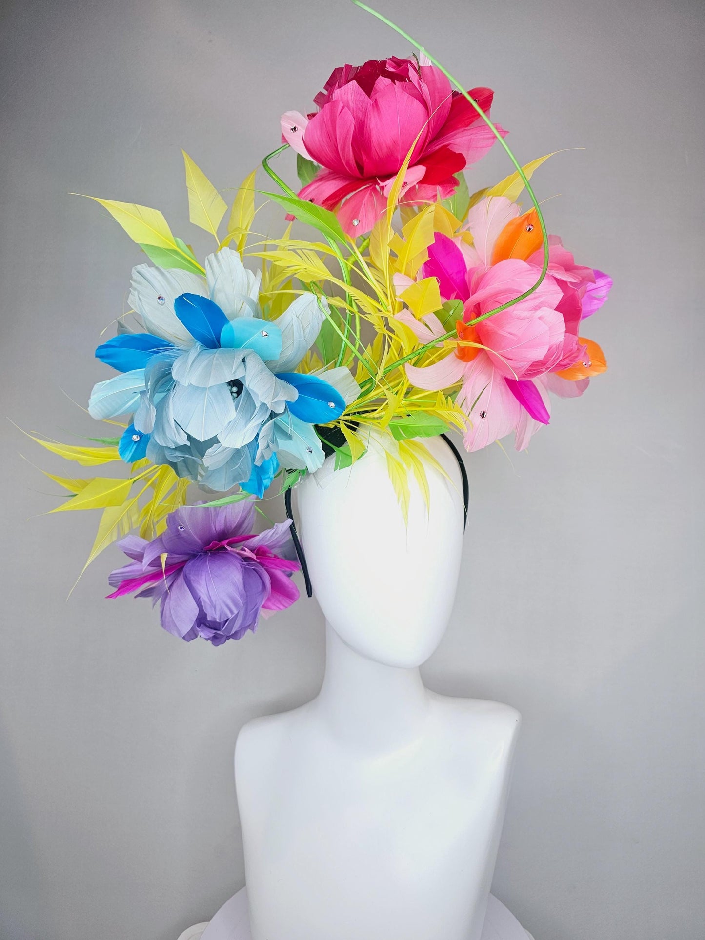 kentucky derby hat fascinator rainbow huge feather flowers purple pink blue ombre with spiky yellow and bright green feathers