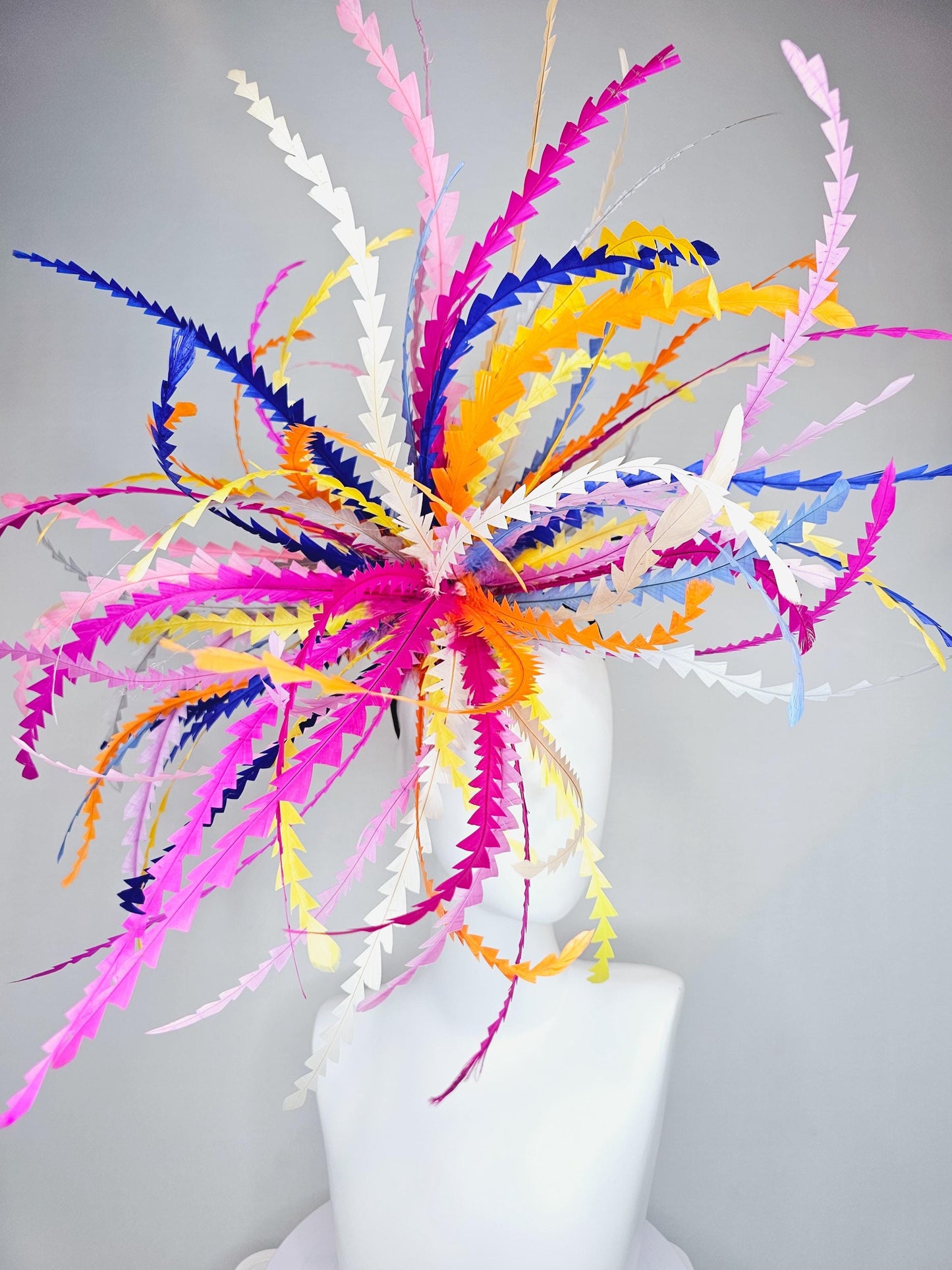 kentucky derby hat fascinator huge bright lightweight feather red pink blue purple white orange green on thin headband