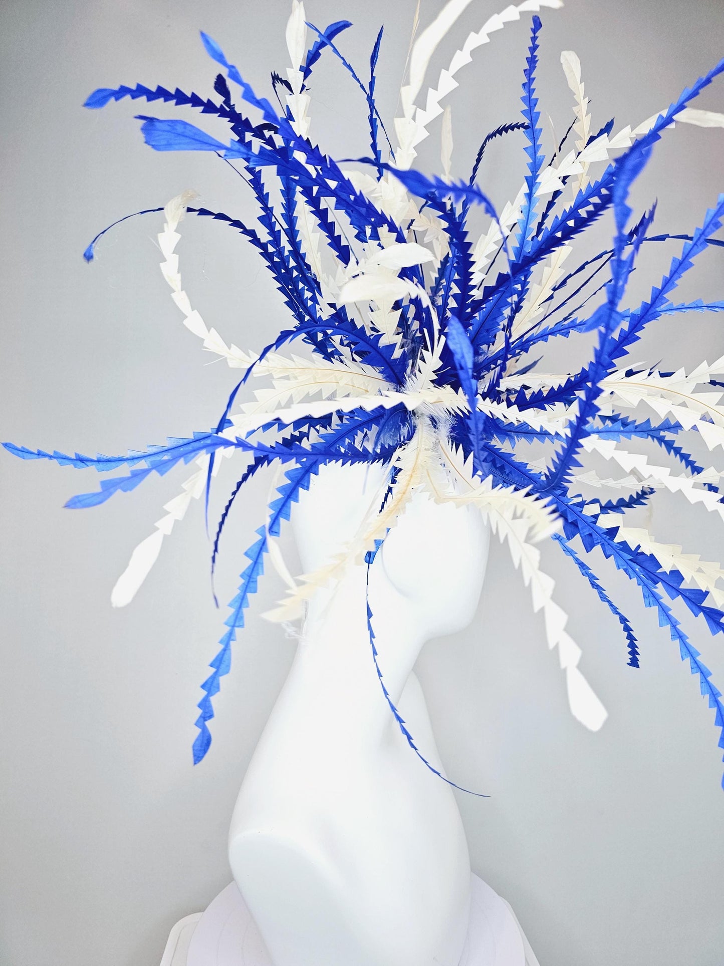 kentucky derby hat fascinator huge royal blue and cream white  zigzag long feather showstopper headpiece