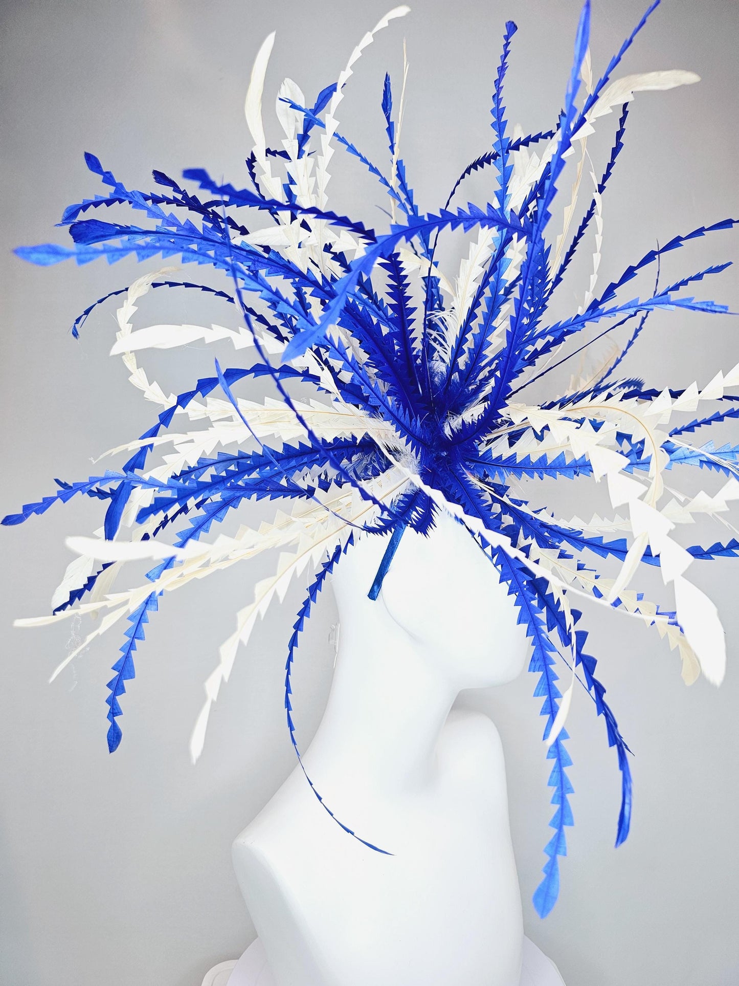 kentucky derby hat fascinator huge royal blue and cream white  zigzag long feather showstopper headpiece