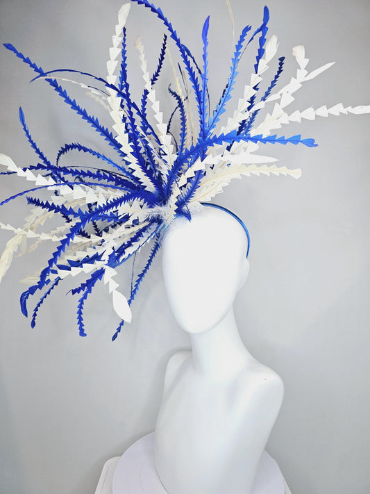 kentucky derby hat fascinator huge royal blue and cream white  zigzag long feather showstopper headpiece