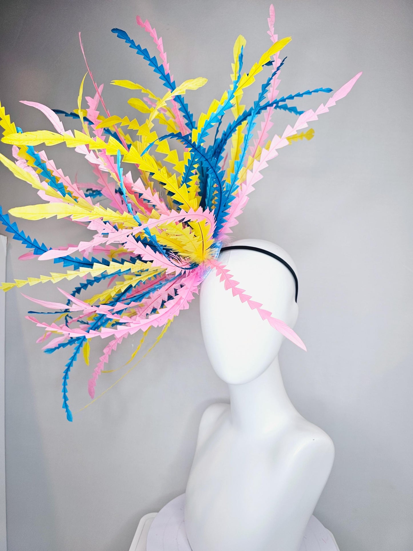 kentucky derby hat fascinator huge blue pink yellow pastel zigzag long feather showstopper headpiece