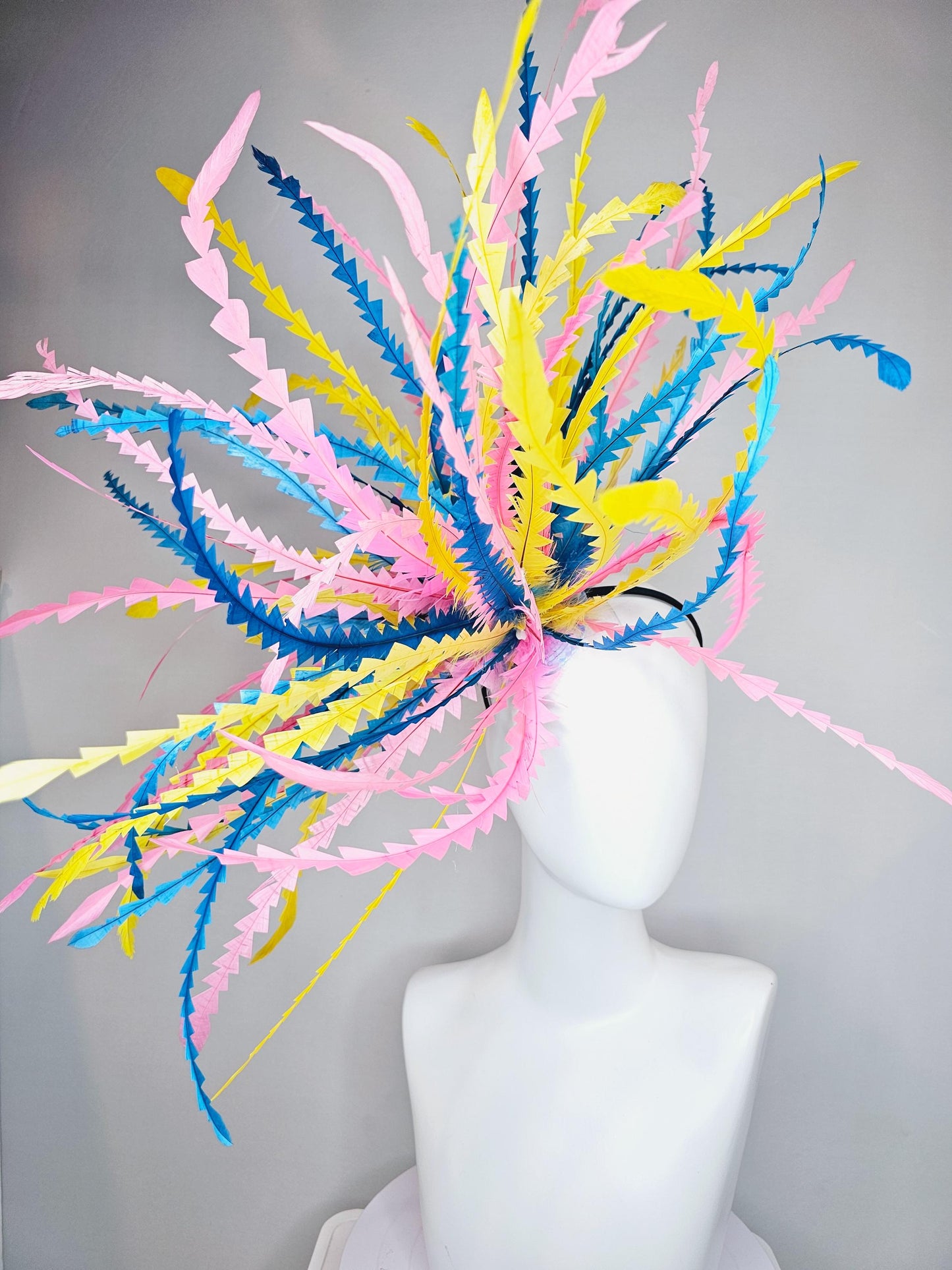 kentucky derby hat fascinator huge blue pink yellow pastel zigzag long feather showstopper headpiece