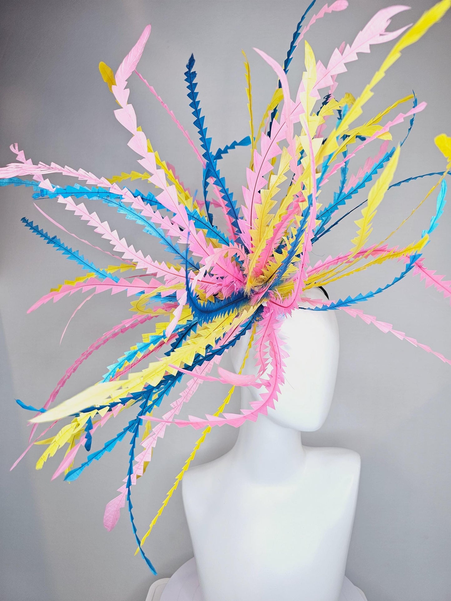 kentucky derby hat fascinator huge blue pink yellow pastel zigzag long feather showstopper headpiece