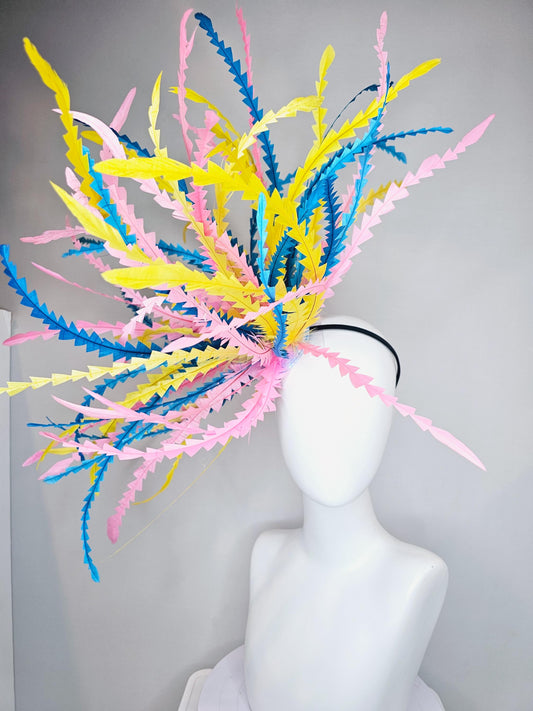 kentucky derby hat fascinator huge blue pink yellow pastel zigzag long feather showstopper headpiece