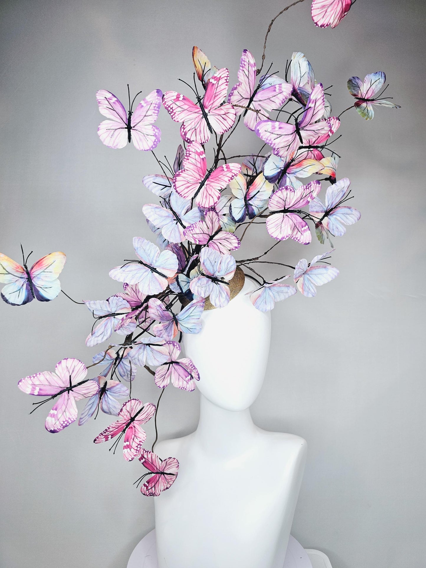 kentucky derby hat fascinator huge branching pastel blue lavender pink yellow peach ombre fabric butterflies