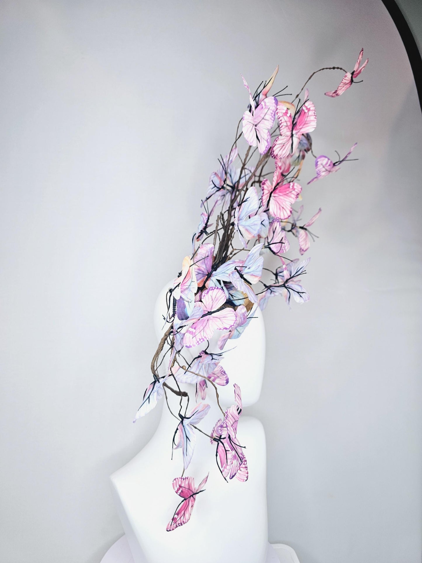 kentucky derby hat fascinator huge branching pastel blue lavender pink yellow peach ombre fabric butterflies