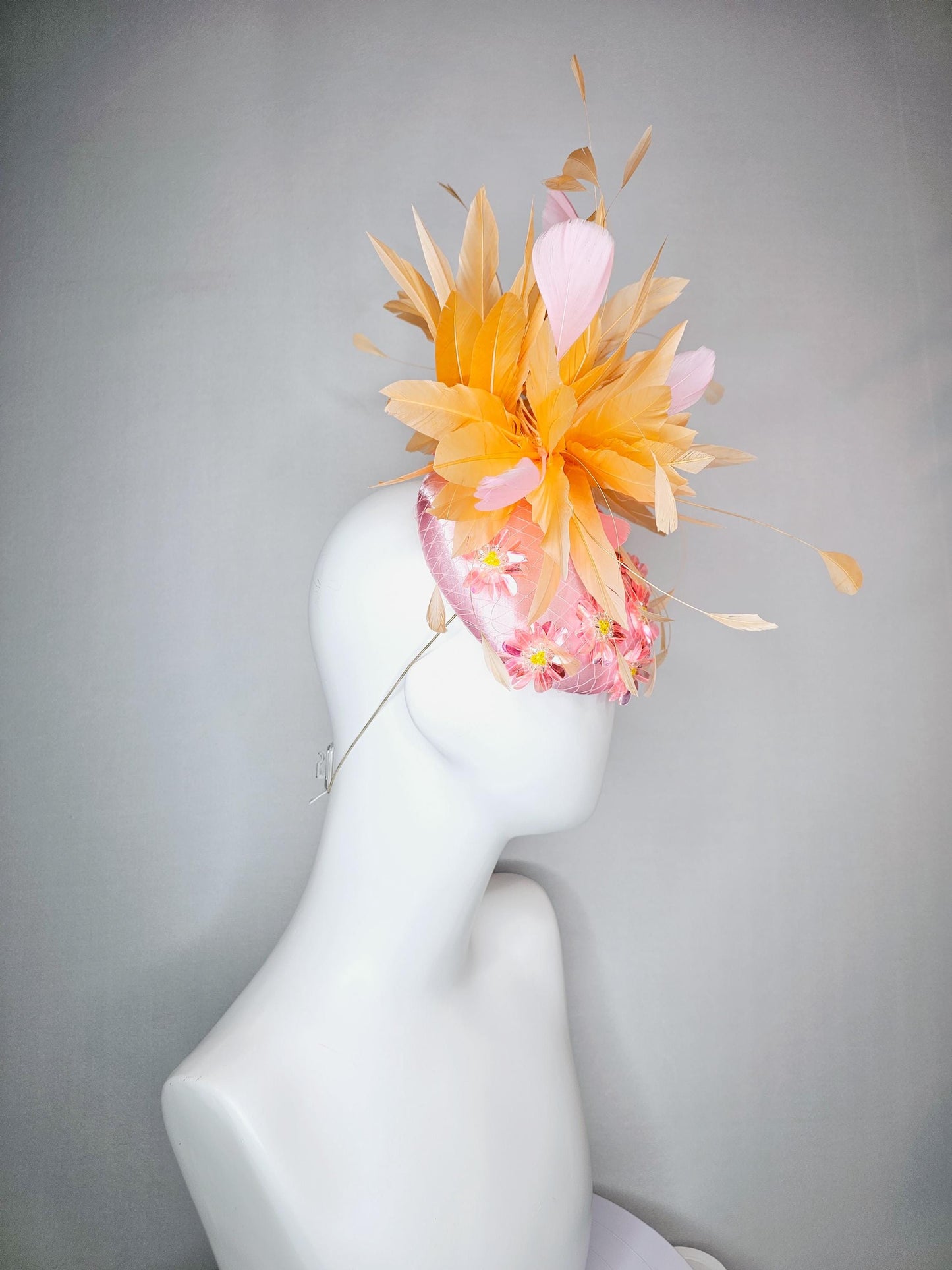 kentucky derby hat fascinator baby pink satin with netting iridescent light pink sequin flower and light pink burnt orange branch  feathers