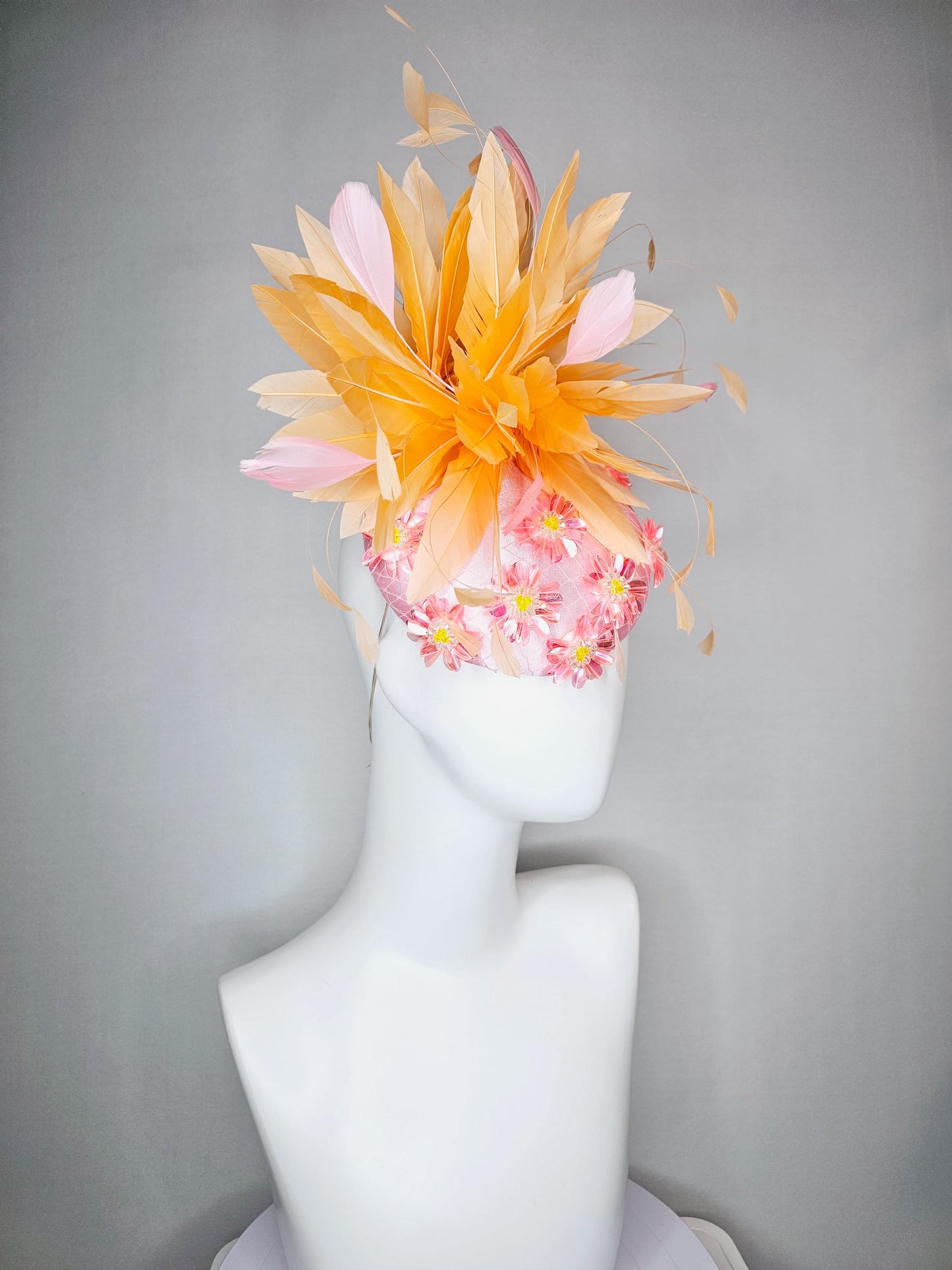 kentucky derby hat fascinator baby pink satin with netting iridescent light pink sequin flower and light pink burnt orange branch  feathers