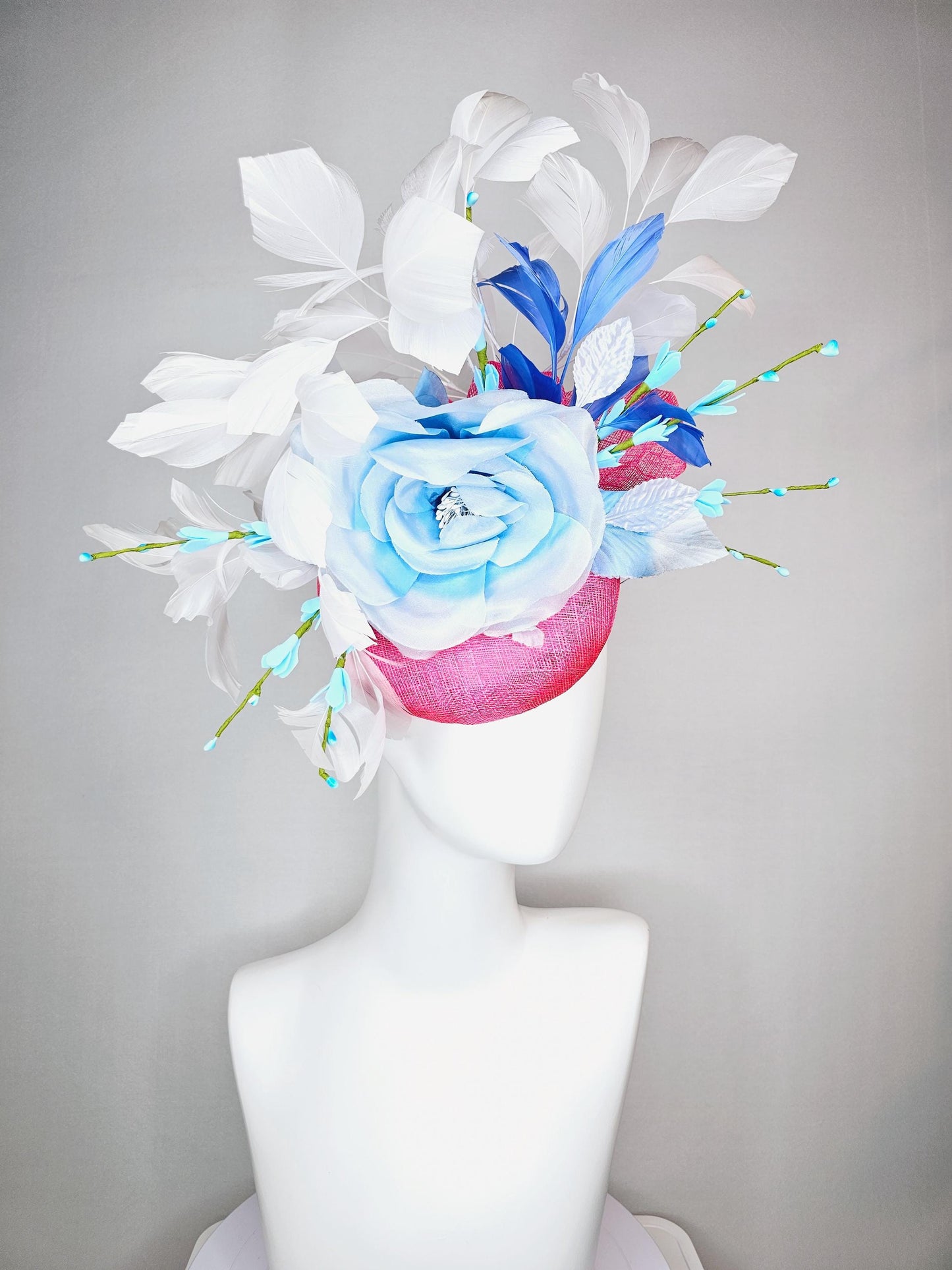 kentucky derby hat fascinator raspberry pink sinamay with sinamay bows and ombre blue organza rose flower and white and royal blue feathers