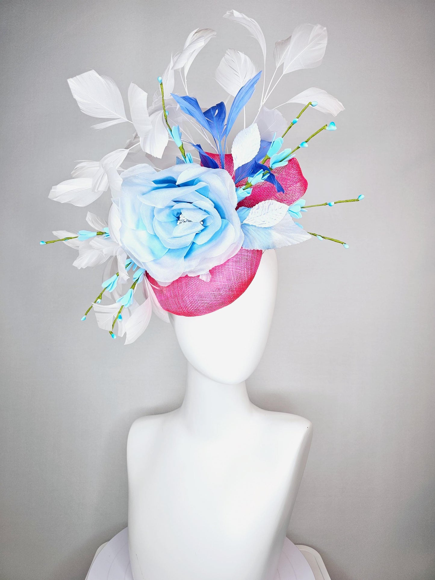 kentucky derby hat fascinator raspberry pink sinamay with sinamay bows and ombre blue organza rose flower and white and royal blue feathers