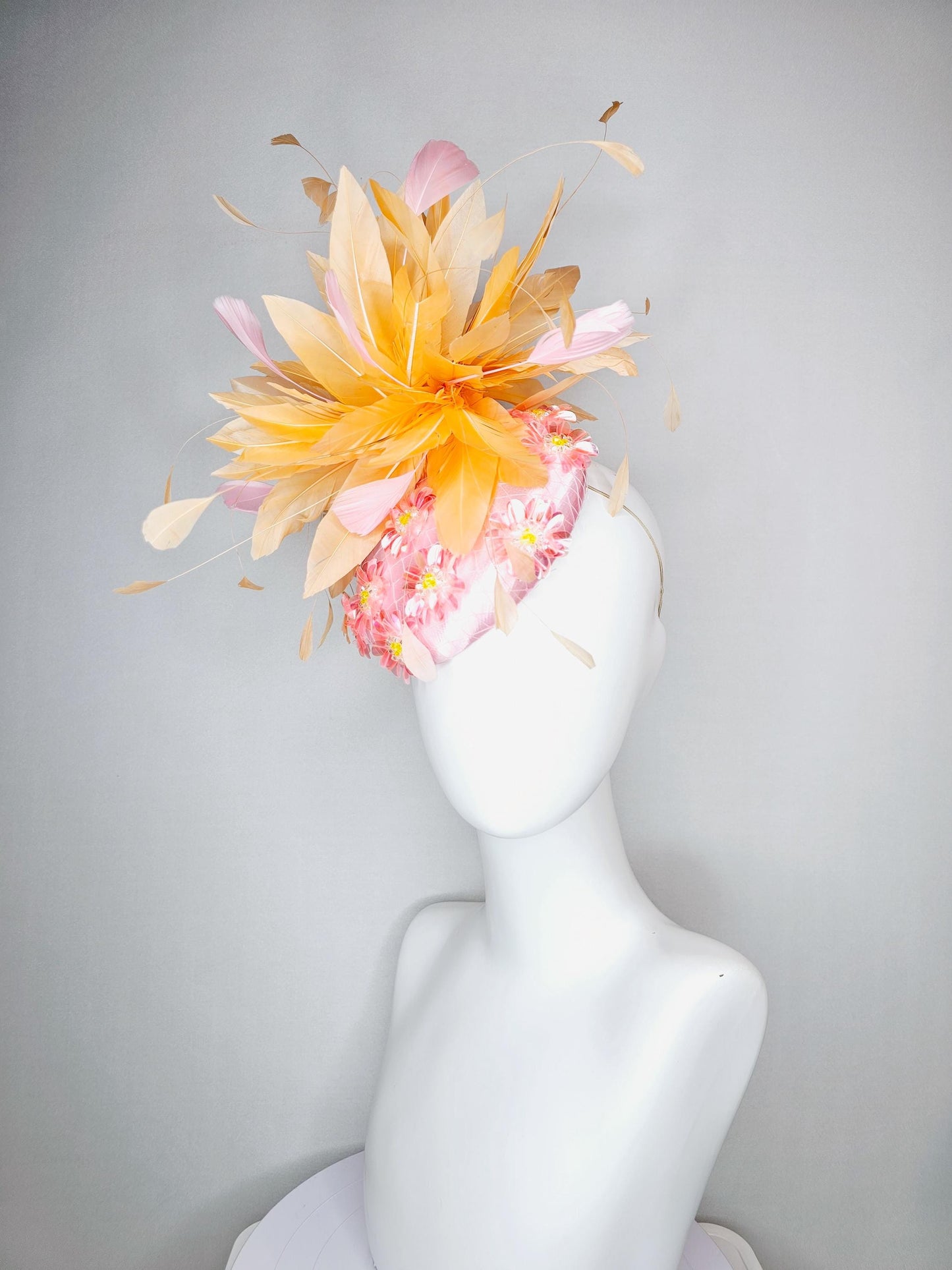 kentucky derby hat fascinator baby pink satin with netting iridescent light pink sequin flower and light pink burnt orange branch  feathers