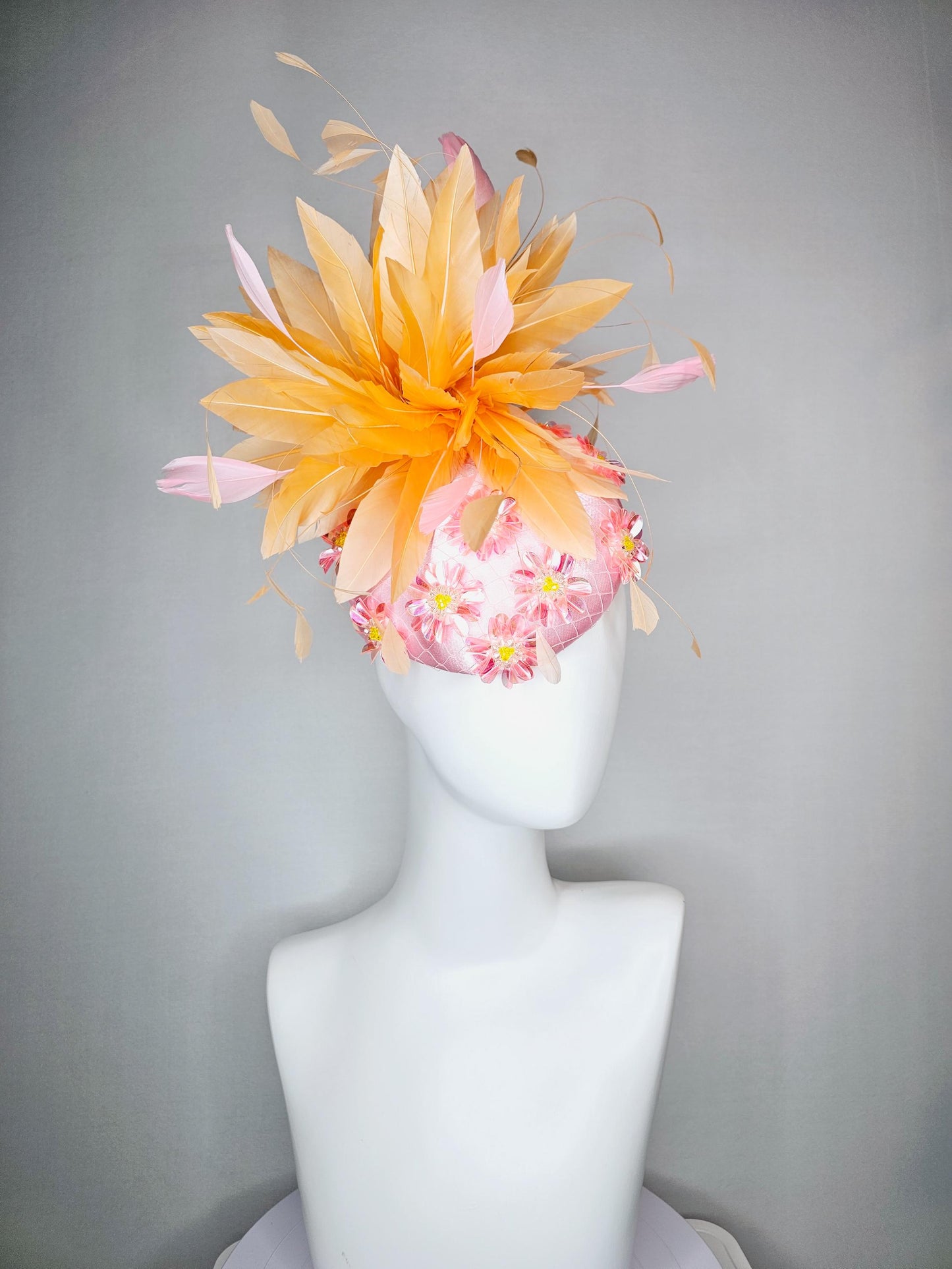 kentucky derby hat fascinator baby pink satin with netting iridescent light pink sequin flower and light pink burnt orange branch  feathers