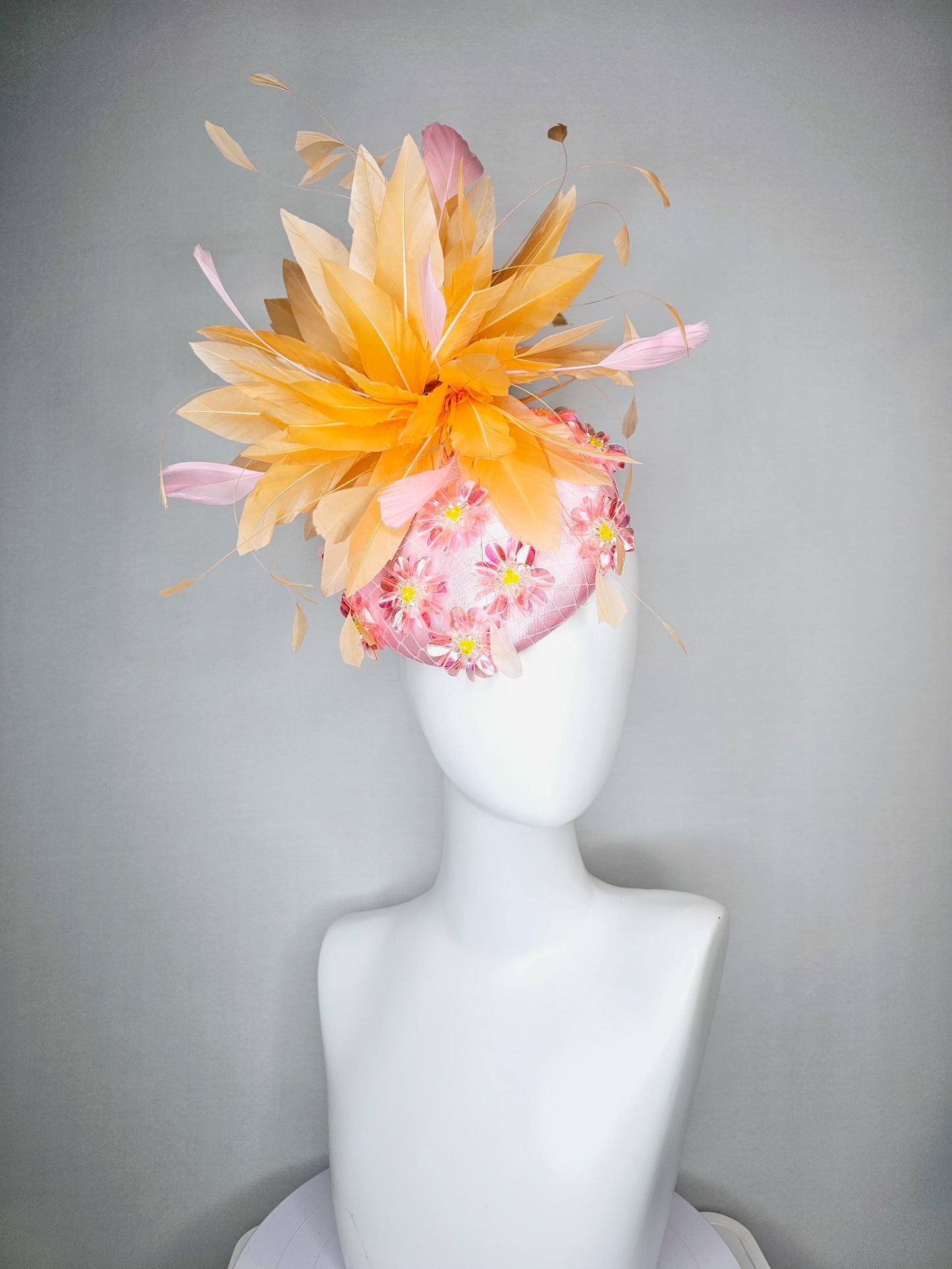 kentucky derby hat fascinator baby pink satin with netting iridescent light pink sequin flower and light pink burnt orange branch  feathers