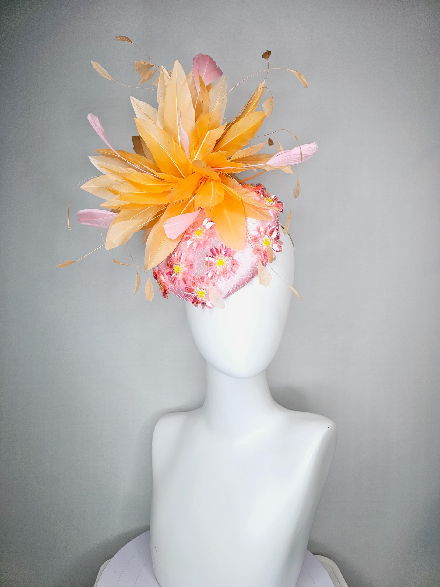kentucky derby hat fascinator baby pink satin with netting iridescent light pink sequin flower and light pink burnt orange branch  feathers