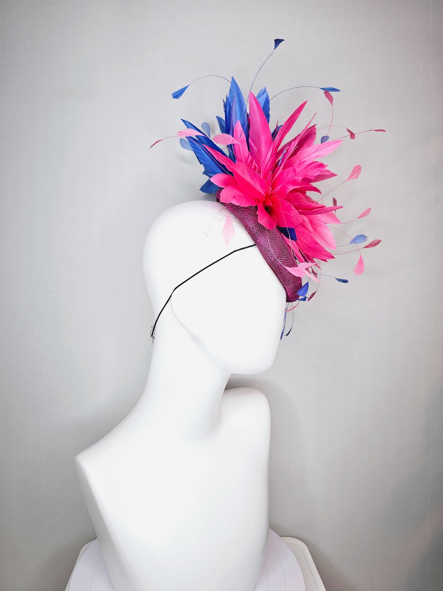 kentucky derby hat fascinator magenta purple plum sinamay with royal blue and bright pink branching feathers