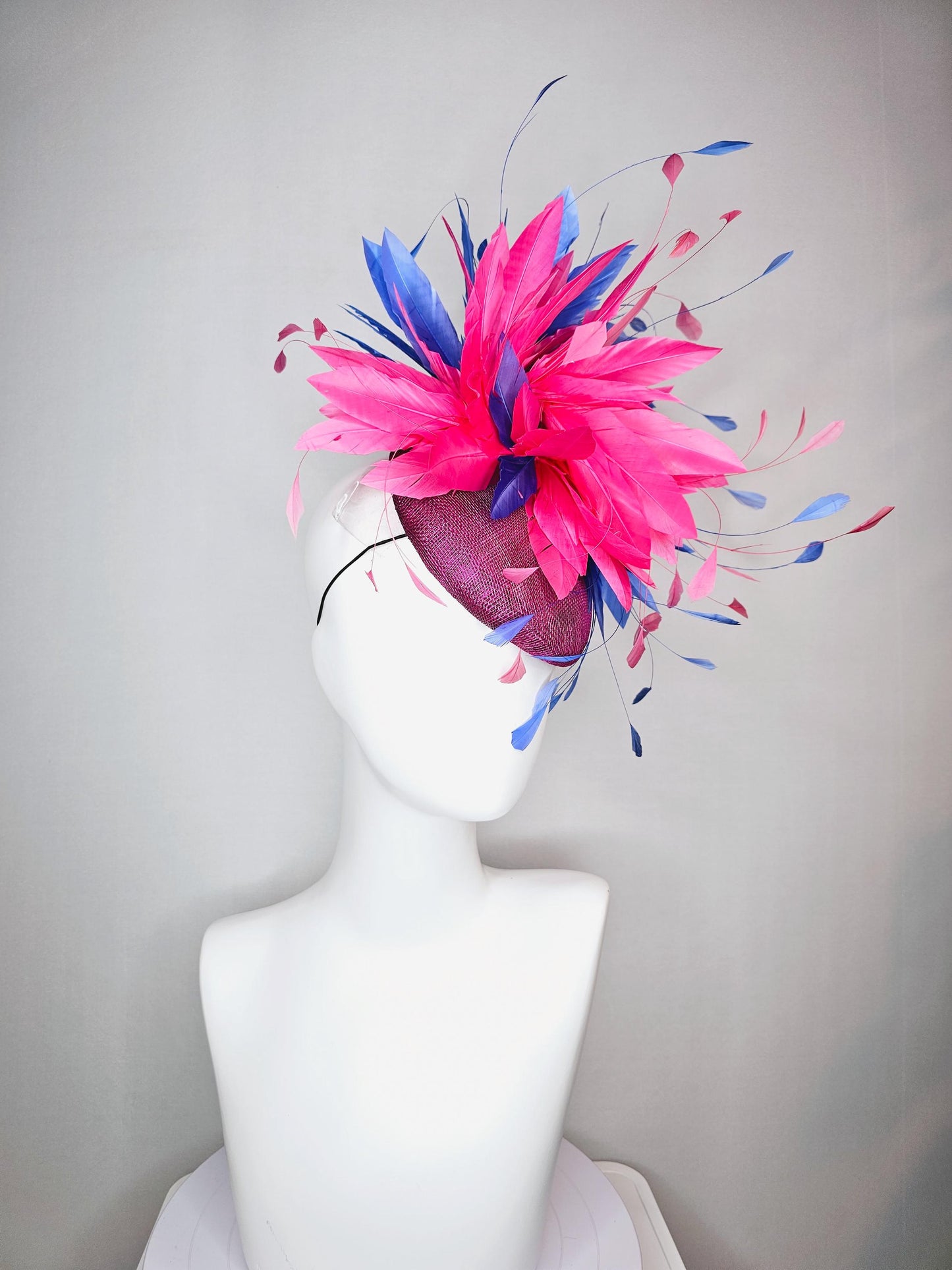 kentucky derby hat fascinator magenta purple plum sinamay with royal blue and bright pink branching feathers