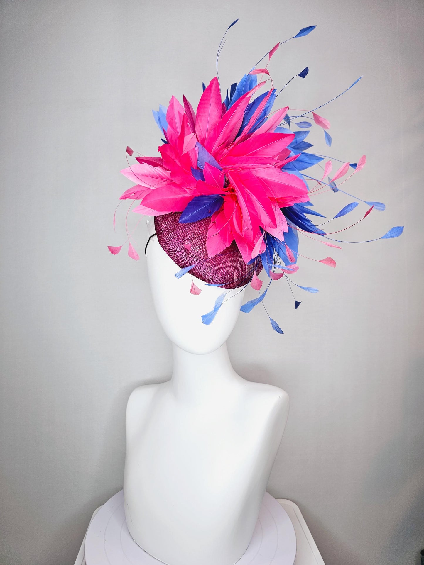 kentucky derby hat fascinator magenta purple plum sinamay with royal blue and bright pink branching feathers