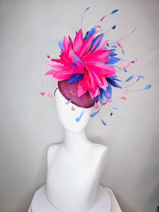 kentucky derby hat fascinator magenta purple plum sinamay with royal blue and bright pink branching feathers