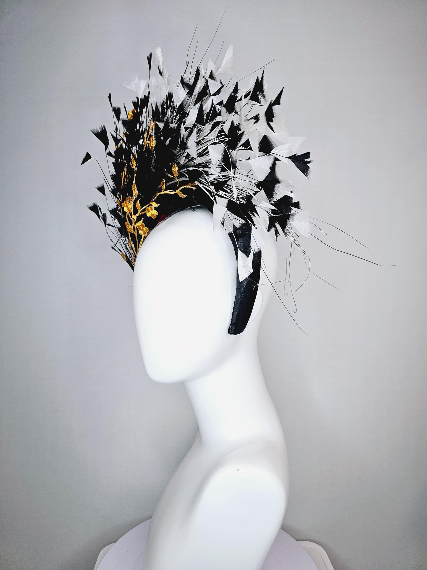 kentucky derby hat fascinator black satin headband with black and white branching feathers yellow gold embroidered flowers