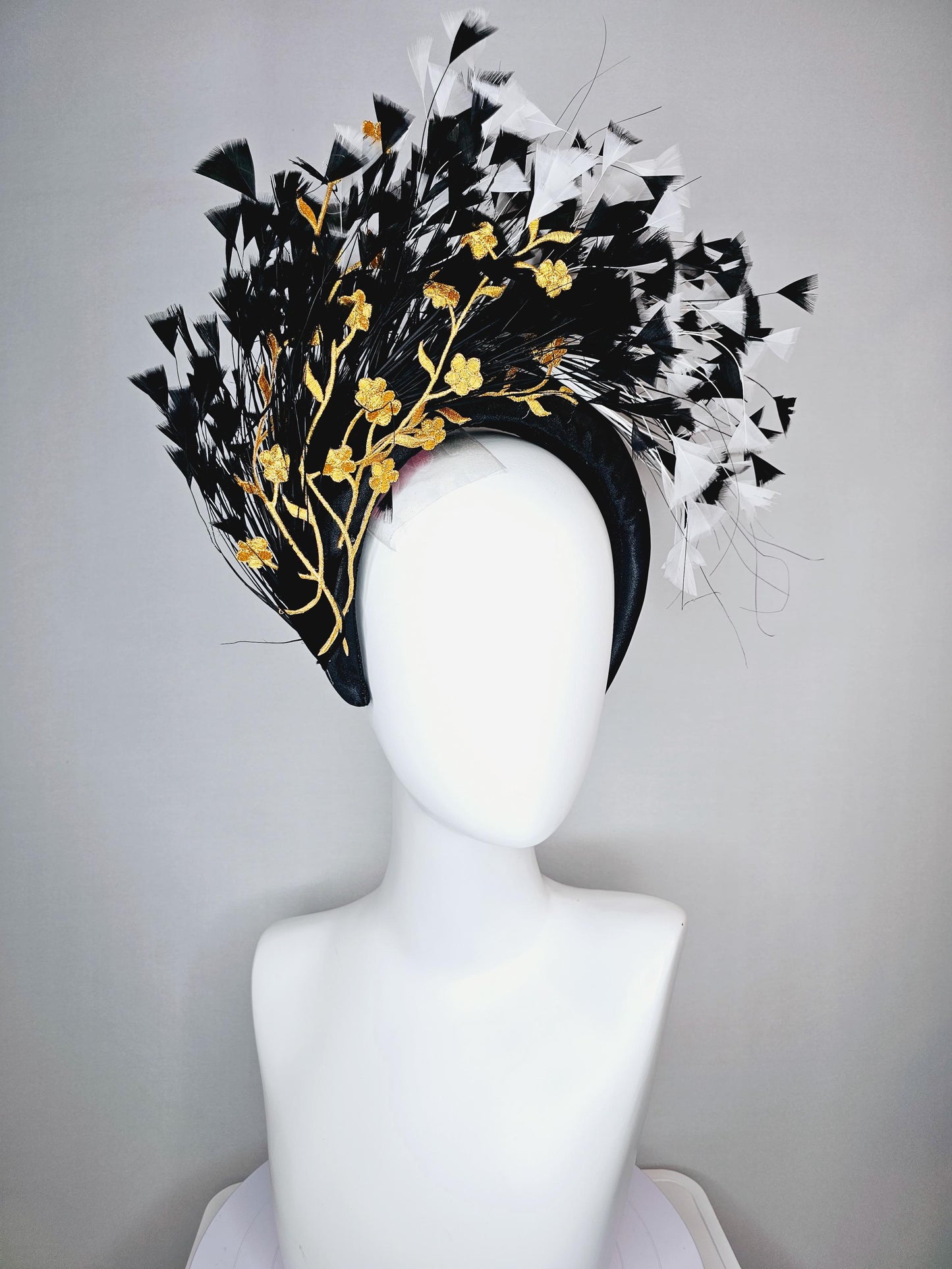 kentucky derby hat fascinator black satin headband with black and white branching feathers yellow gold embroidered flowers