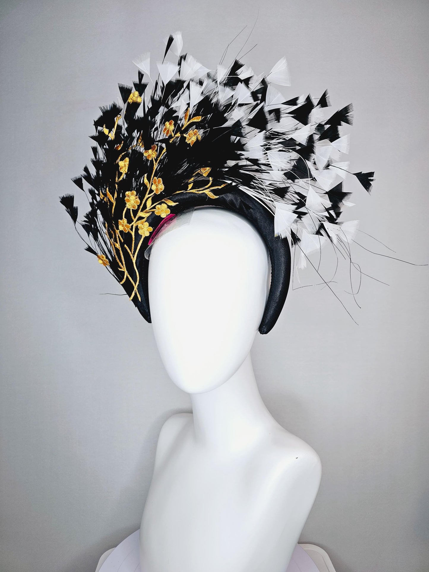 kentucky derby hat fascinator black satin headband with black and white branching feathers yellow gold embroidered flowers