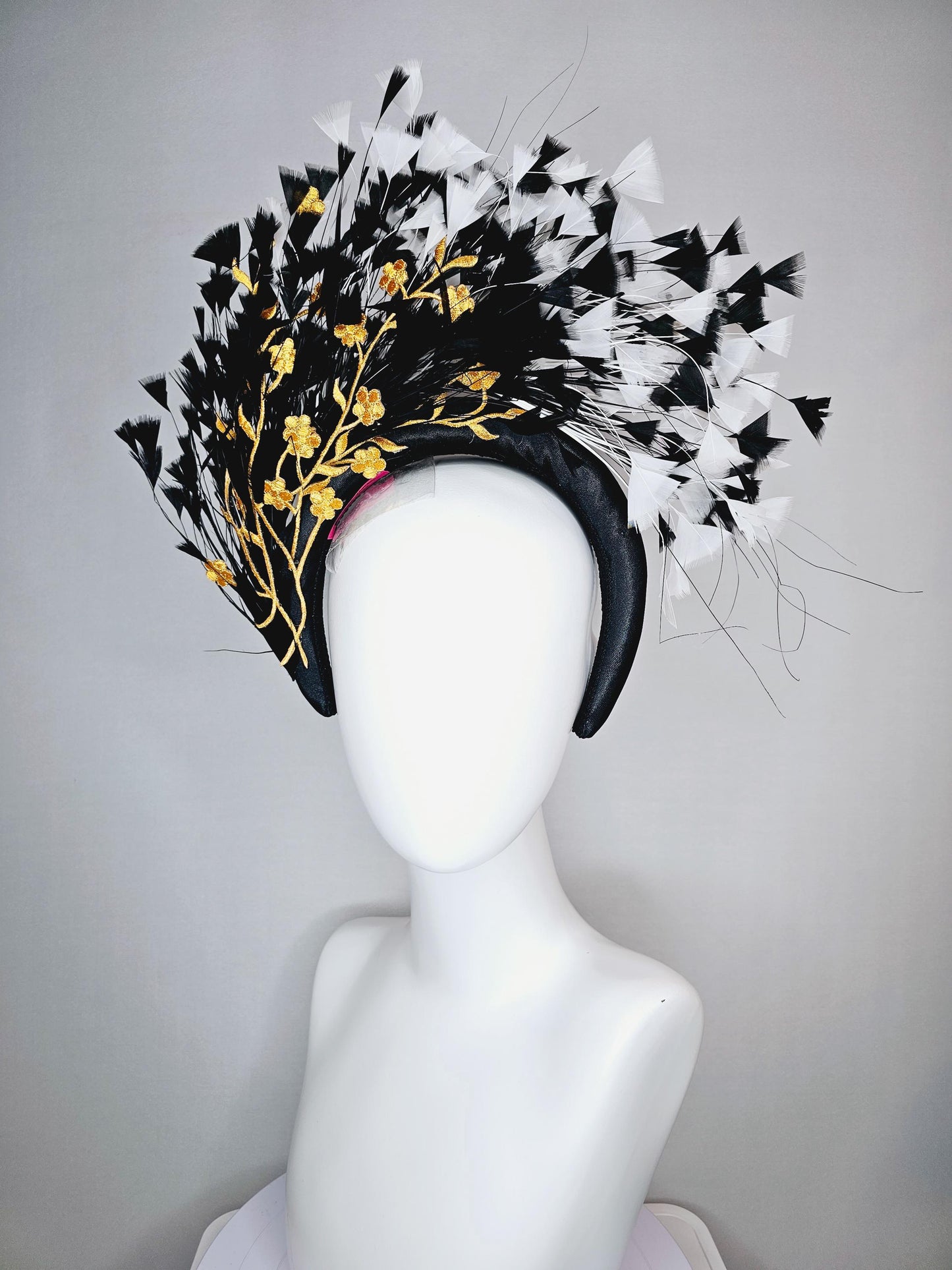 kentucky derby hat fascinator black satin headband with black and white branching feathers yellow gold embroidered flowers