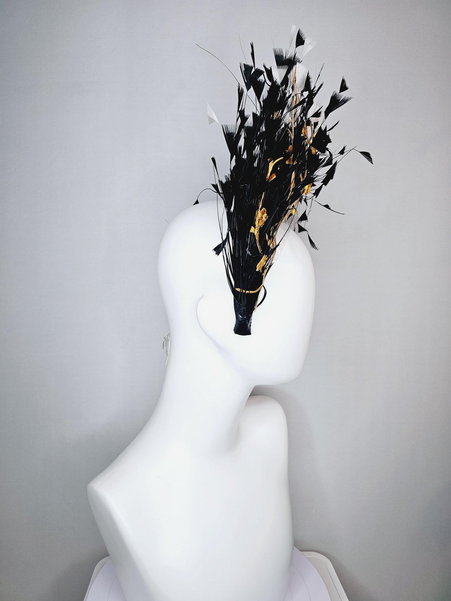 kentucky derby hat fascinator black satin headband with black and white branching feathers yellow gold embroidered flowers