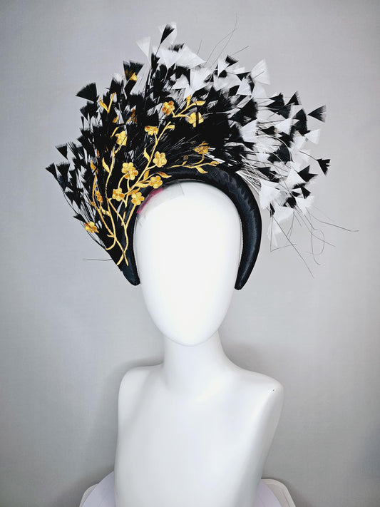 kentucky derby hat fascinator black satin headband with black and white branching feathers yellow gold embroidered flowers