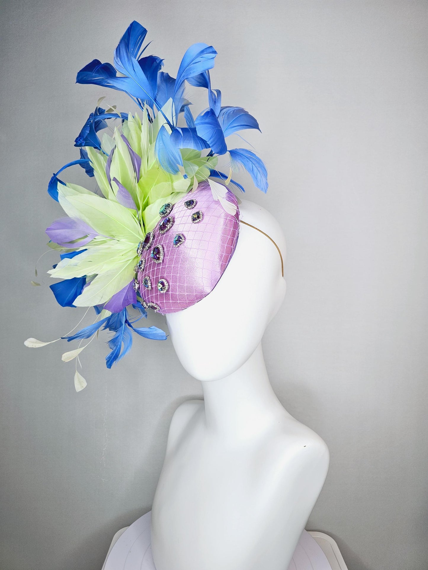kentucky derby hat fascinator lavender satin with netting iridescent blue crystal rhinestones green light yellow cobalt blue purple feathers