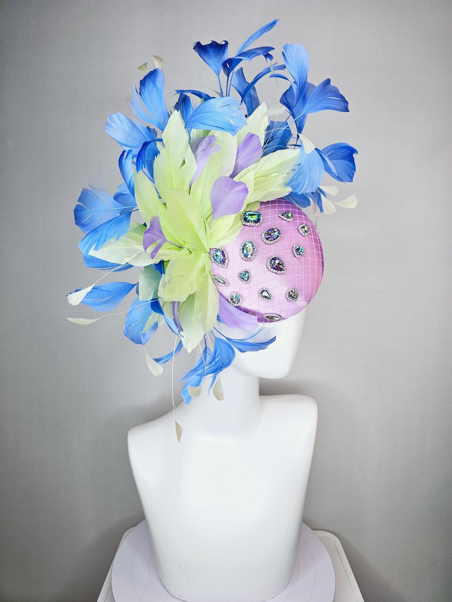 kentucky derby hat fascinator lavender satin with netting iridescent blue crystal rhinestones green light yellow cobalt blue purple feathers