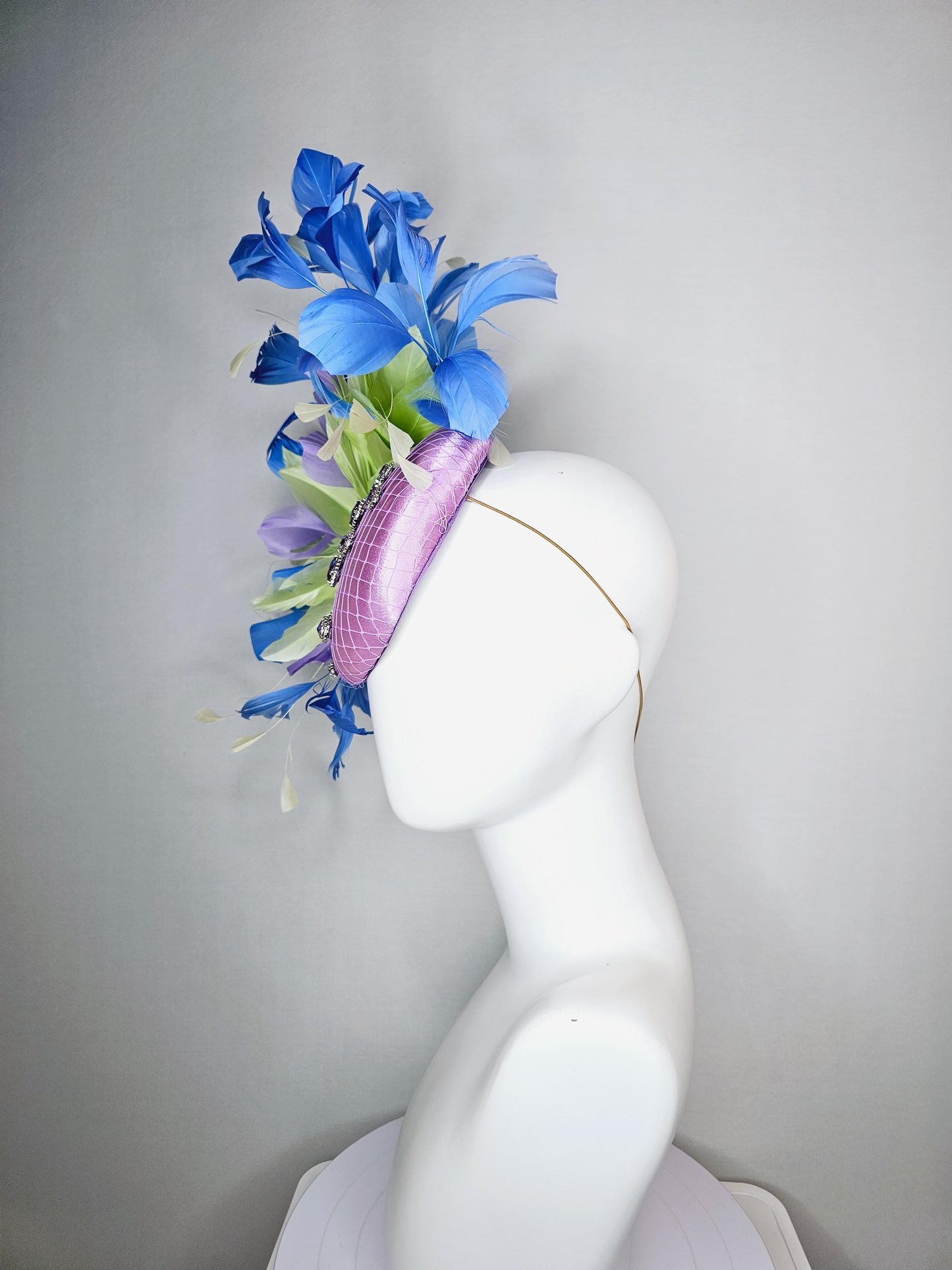kentucky derby hat fascinator lavender satin with netting iridescent blue crystal rhinestones green light yellow cobalt blue purple feathers