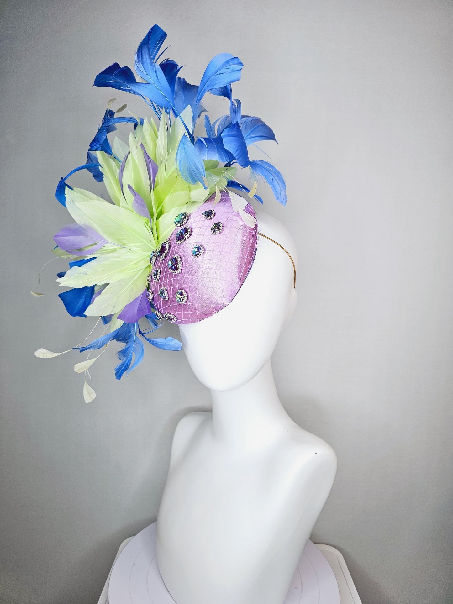 kentucky derby hat fascinator lavender satin with netting iridescent blue crystal rhinestones green light yellow cobalt blue purple feathers