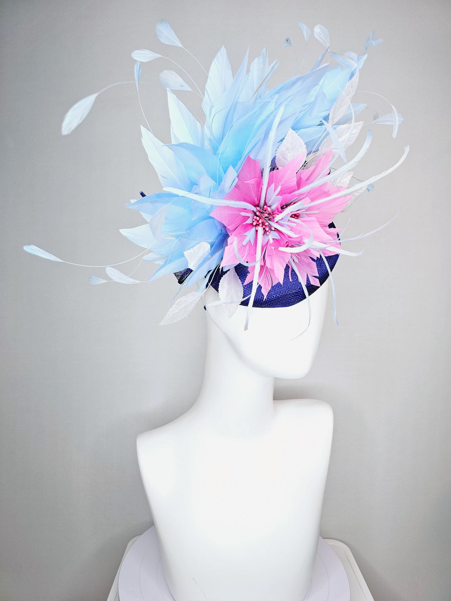 kentucky derby hat fascinator royal blue sinamay with blush pink feather flower and white leaves light baby blue branching feathers