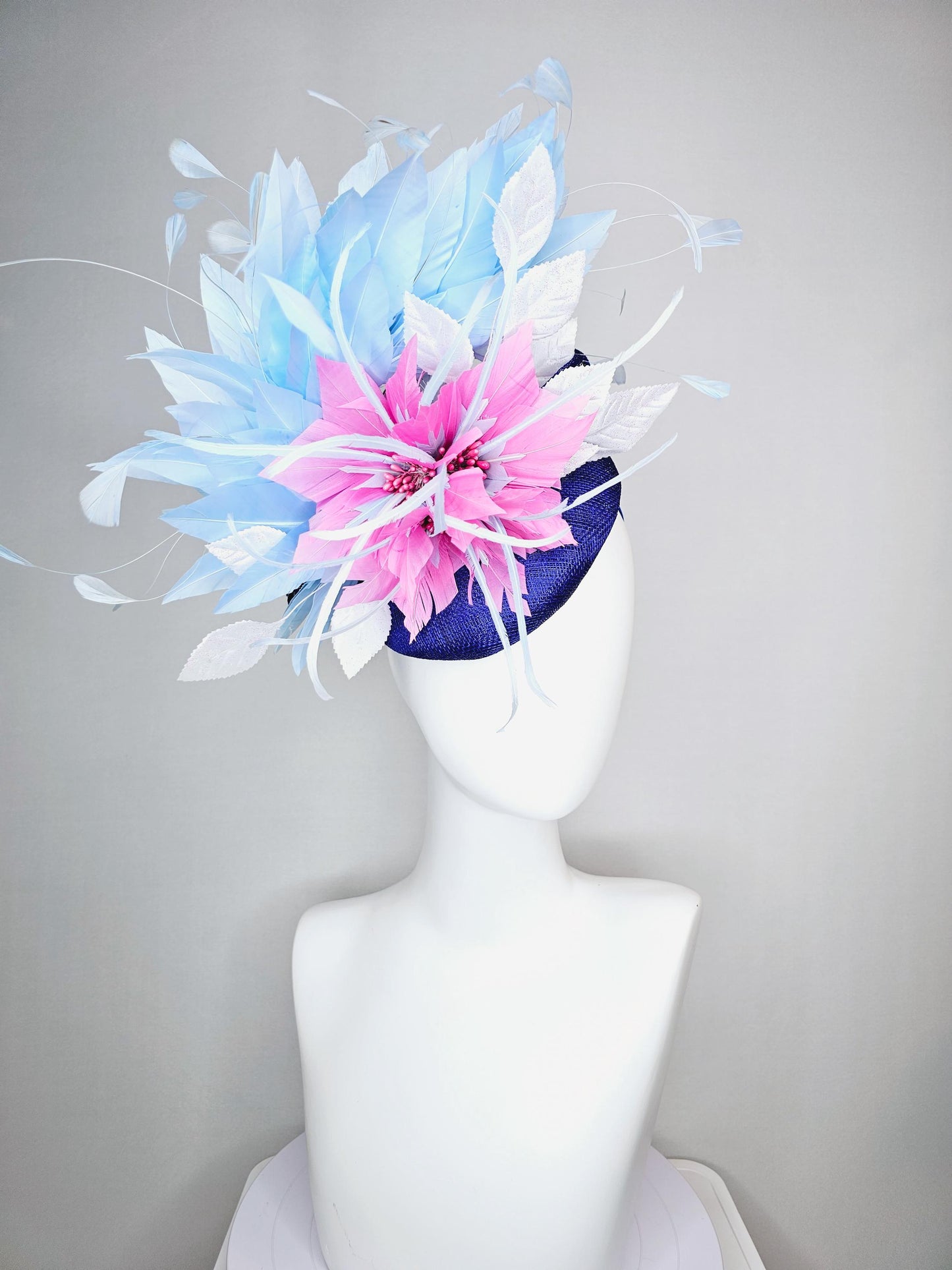 kentucky derby hat fascinator royal blue sinamay with blush pink feather flower and white leaves light baby blue branching feathers