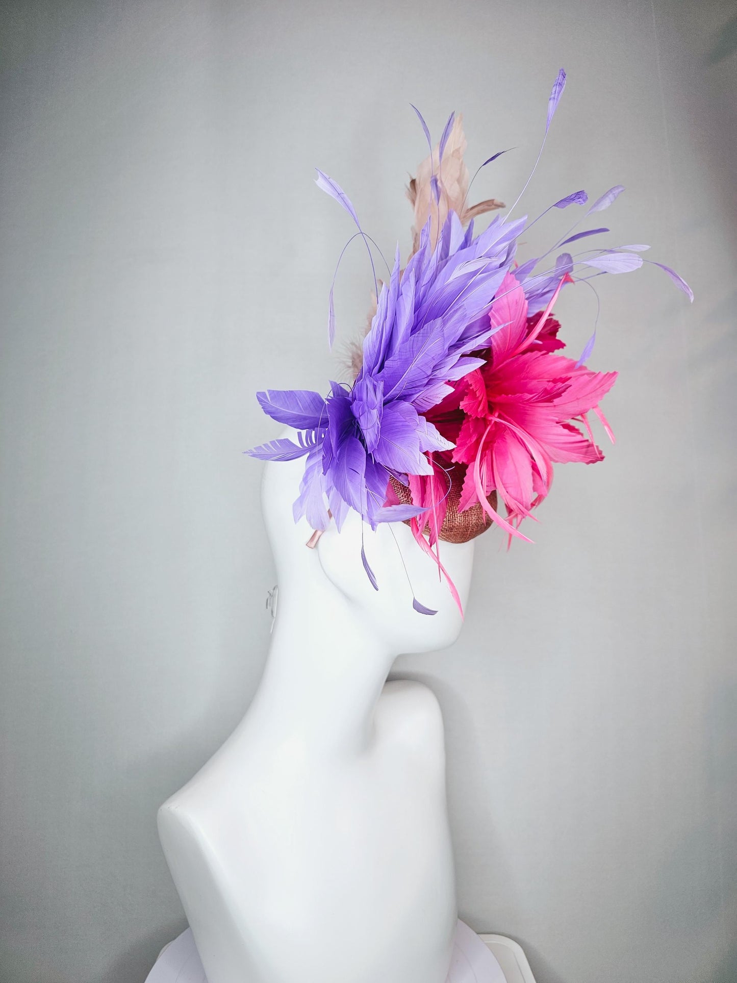 kentucky derby hat fascinator neutral champagne sinamay with pink feather flower and lavender purple branching feathers