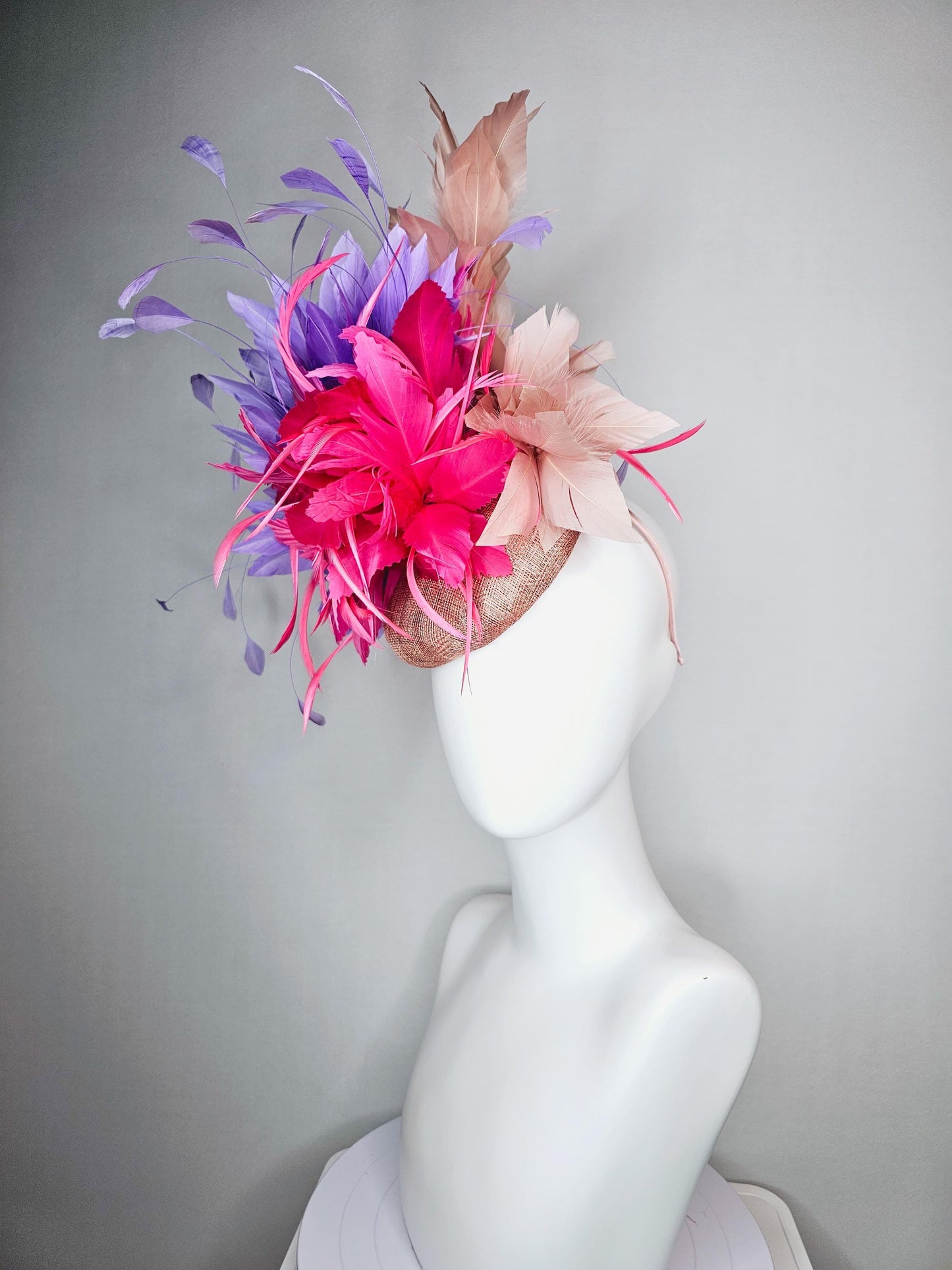 kentucky derby hat fascinator neutral champagne sinamay with pink feather flower and lavender purple branching feathers