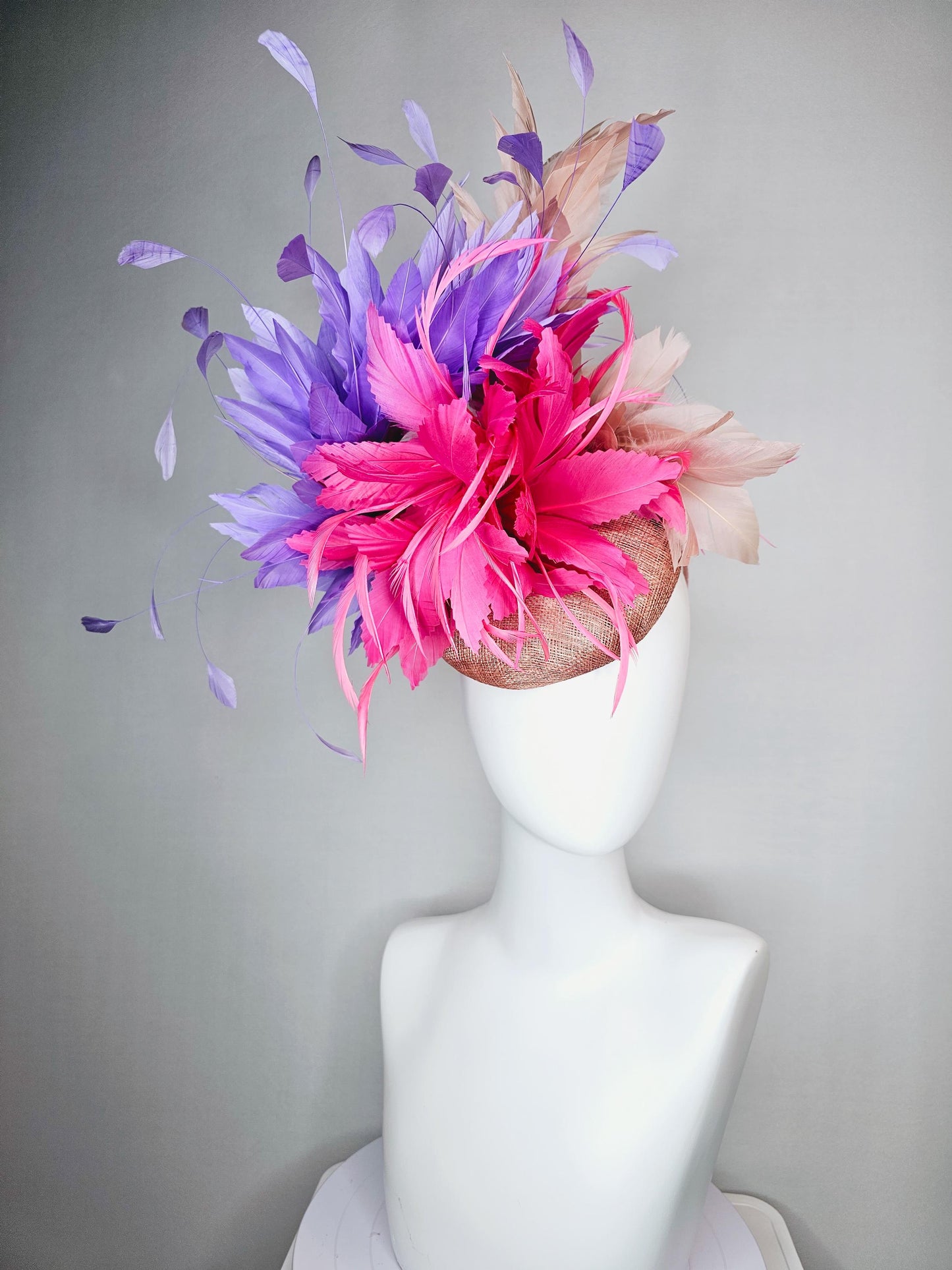 kentucky derby hat fascinator neutral champagne sinamay with pink feather flower and lavender purple branching feathers