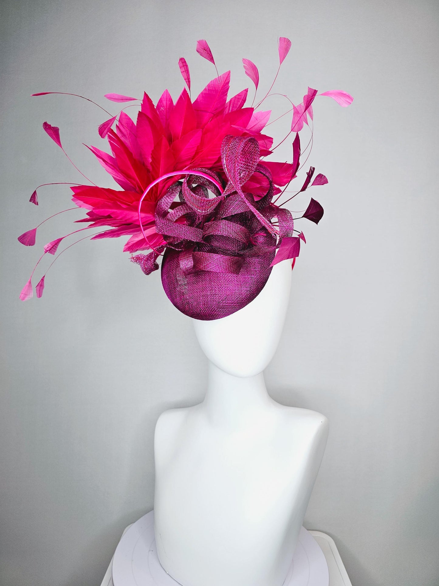 kentucky derby hat fascinator magenta purple sinamay with magenta purple sinamay curls and bright pink branching feathers
