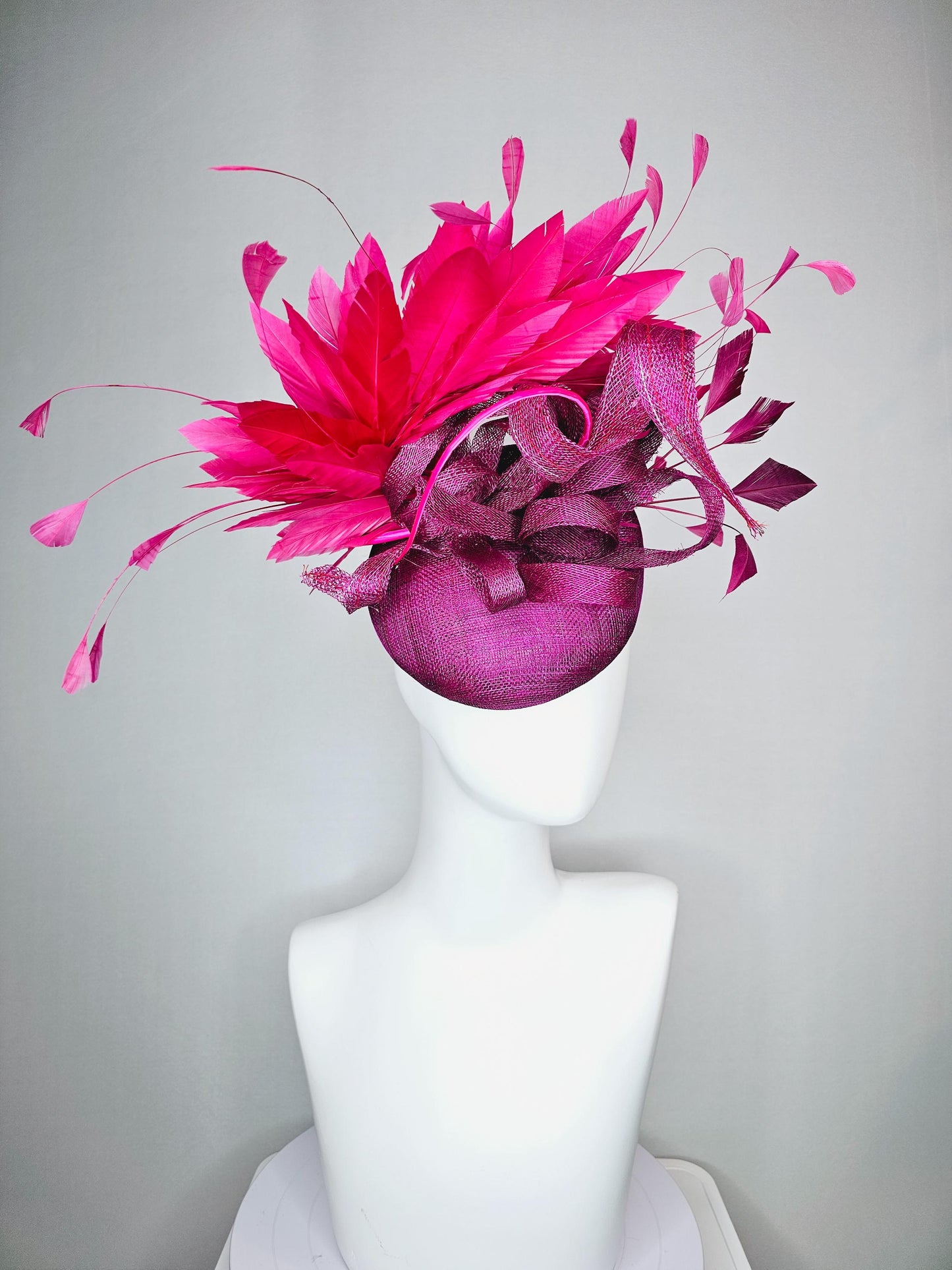 kentucky derby hat fascinator magenta purple sinamay with magenta purple sinamay curls and bright pink branching feathers