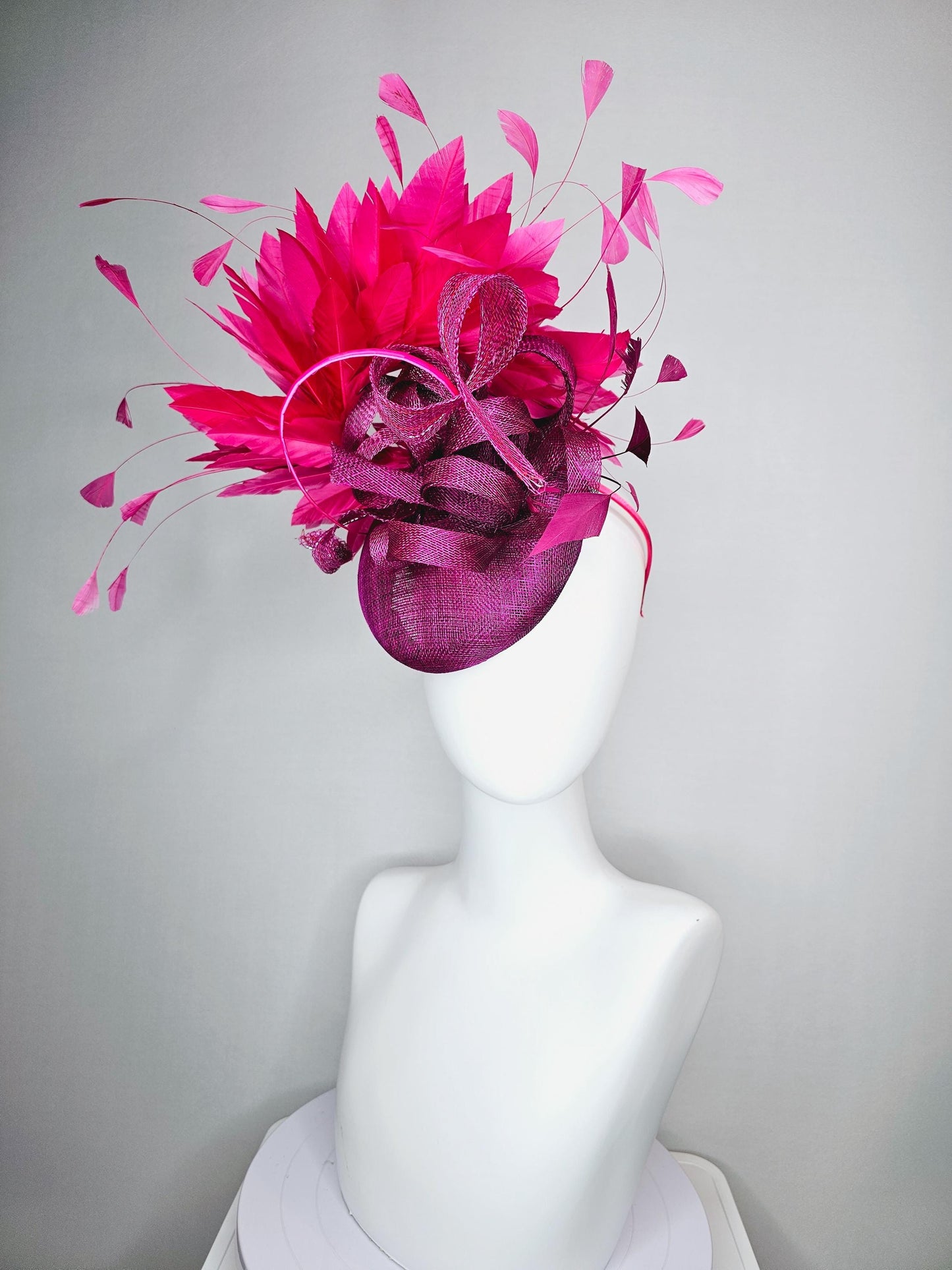 kentucky derby hat fascinator magenta purple sinamay with magenta purple sinamay curls and bright pink branching feathers