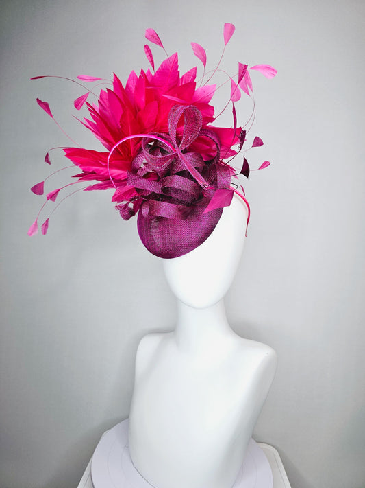 kentucky derby hat fascinator magenta purple sinamay with magenta purple sinamay curls and bright pink branching feathers
